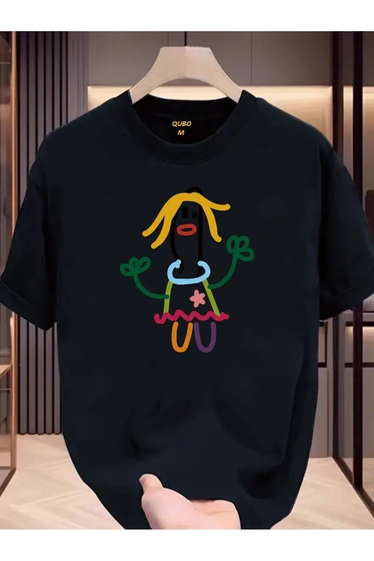 qubo sportswear & company qubo Unisex Oversize Baskılı Pamuklu Bisiklet Yaka Kısa Kollu SİYAH T-shirt
