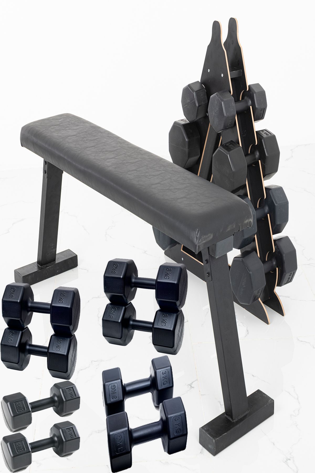 Besinistanbul PS SPOR 4 ÇİFT DAMBIL SET 3 KG+6 KG+8 KG+10 KG + KATLANABİLİR AĞIRLIK(BENCH)SEHPASI VE DAMBIL STANDI