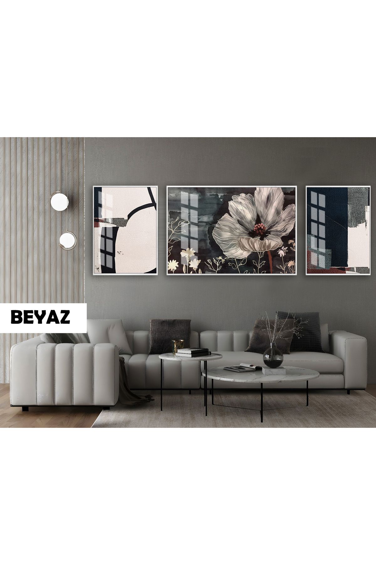 Harikabirev HARİKABİREV|(ABSTRACT) BOTANİK-ELEGANT ÇİÇEK MODELİ|ÇERÇEVELİ TEMPERLİ CAM TABLO 3LÜ YATAY