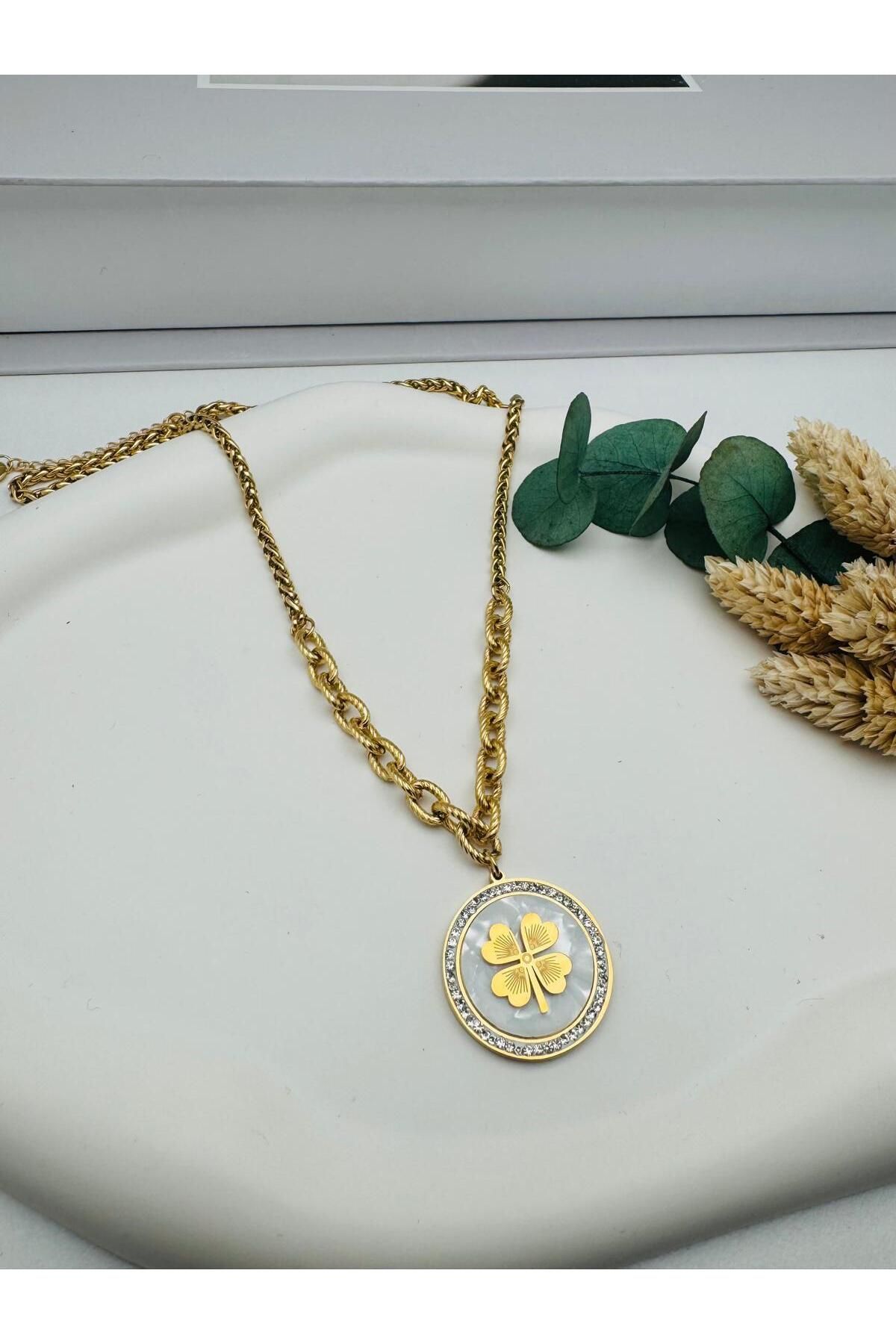HEDİYELANDY Yonca Detaylı Çelik Kolye (Gold) 0106337
