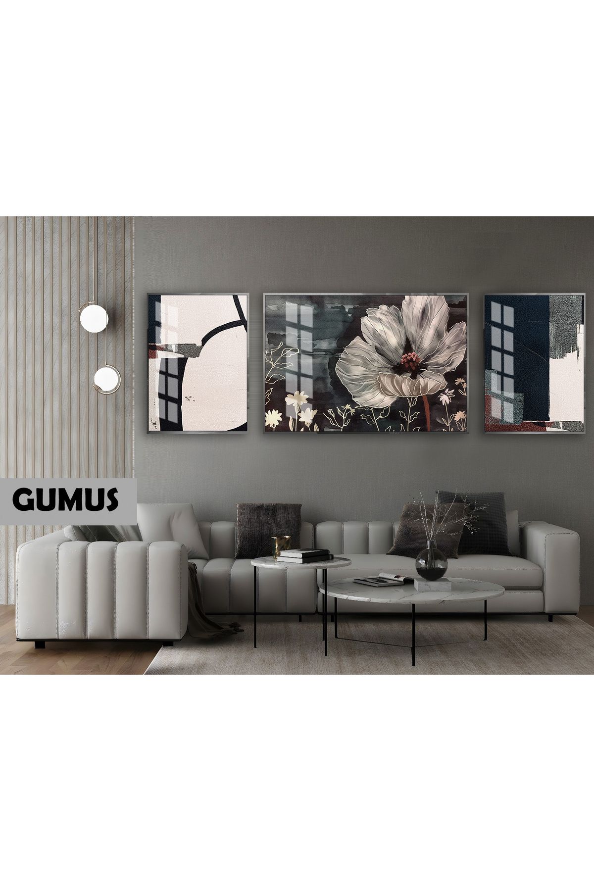 Harikabirev HARİKABİREV|(ABSTRACT) BOTANİK-ELEGANT ÇİÇEK MODELİ|ÇERÇEVELİ TEMPERLİ CAM TABLO 3LÜ YATAY