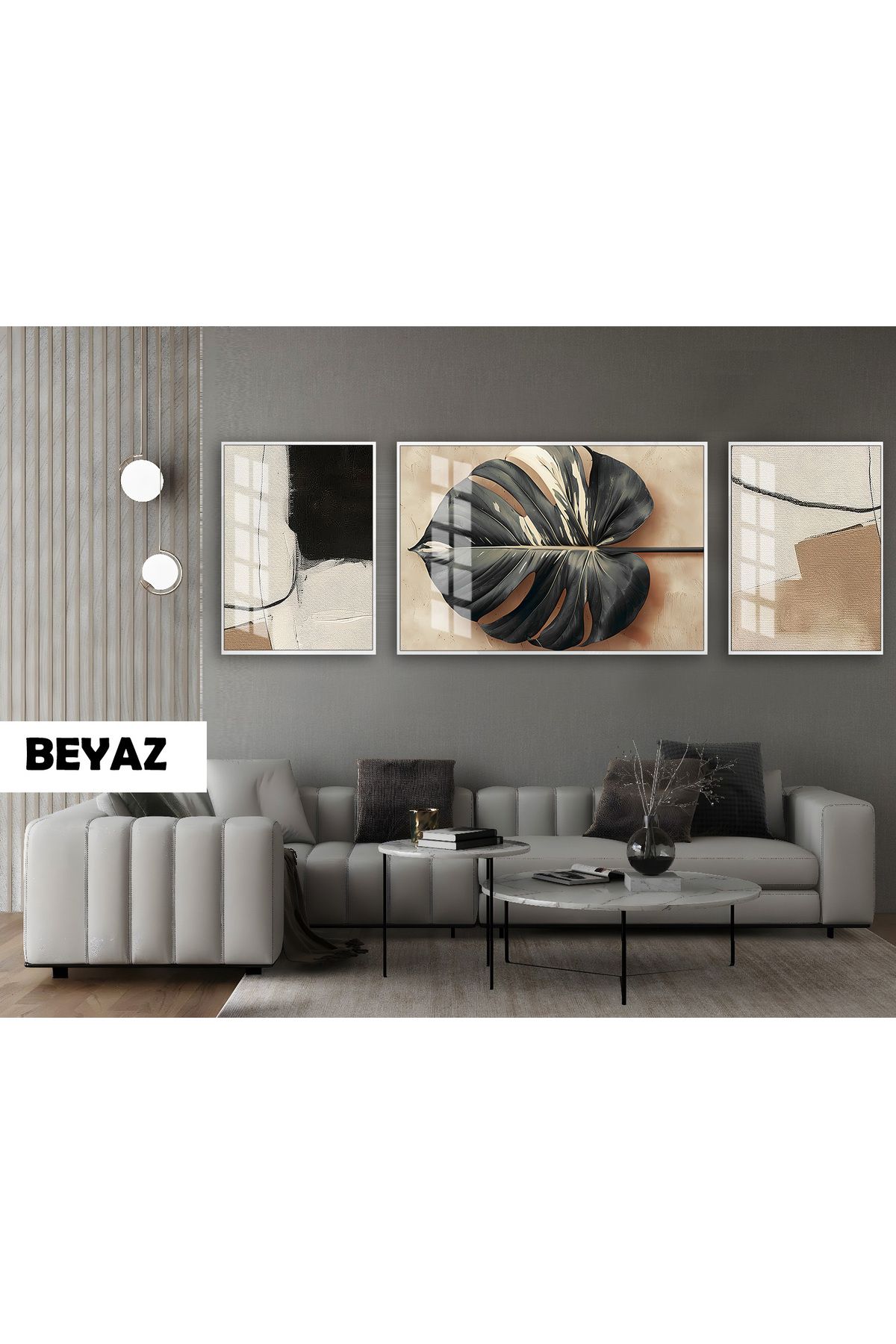 Harikabirev HARİKABİREV|(ABSTRACT) DEVETABANI YAPRAK MODELİ|ÇERÇEVELİ TEMPERLİ CAM TABLO 3LÜ YATAY