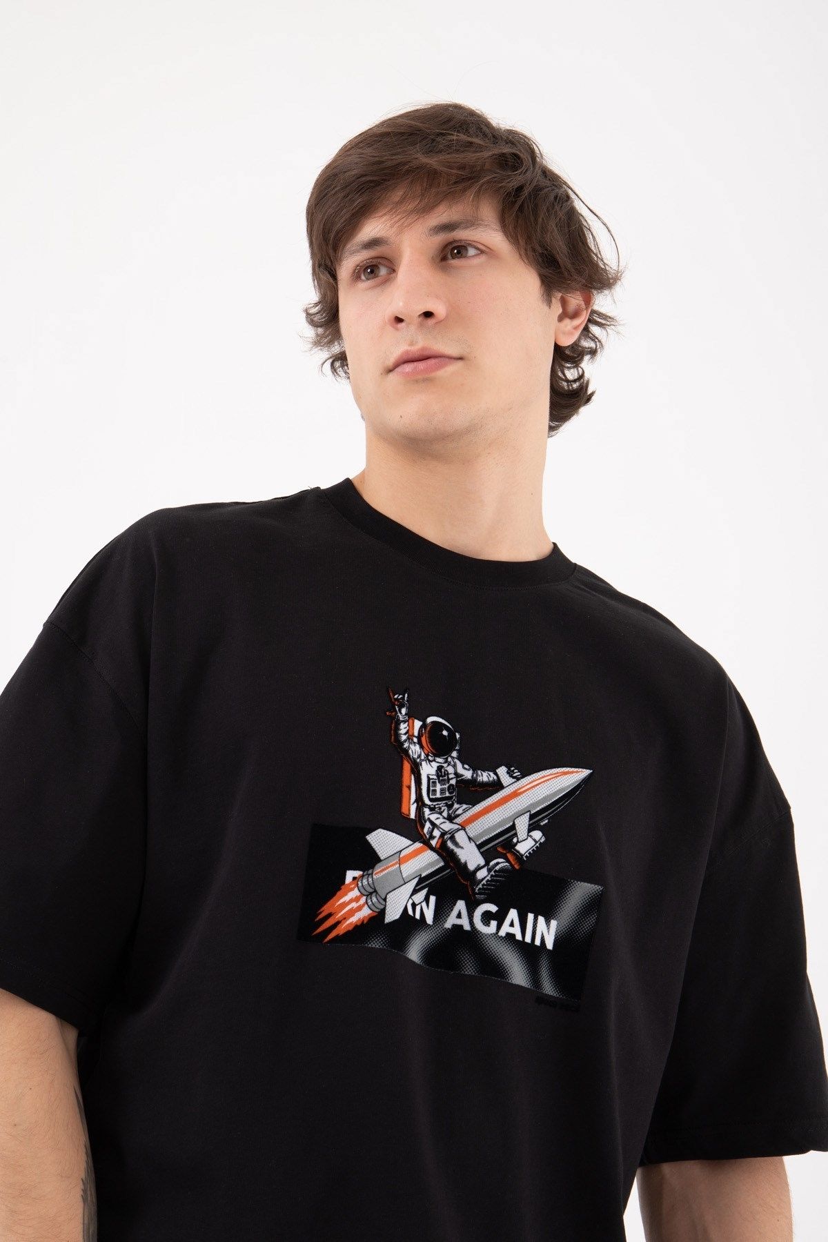 Chirkef Unisex Oversize 100% Pamuk Premium Kumaş Baskılı Bisiklet Yaka Sokak Stili T-Shirt Born Again SpaceX