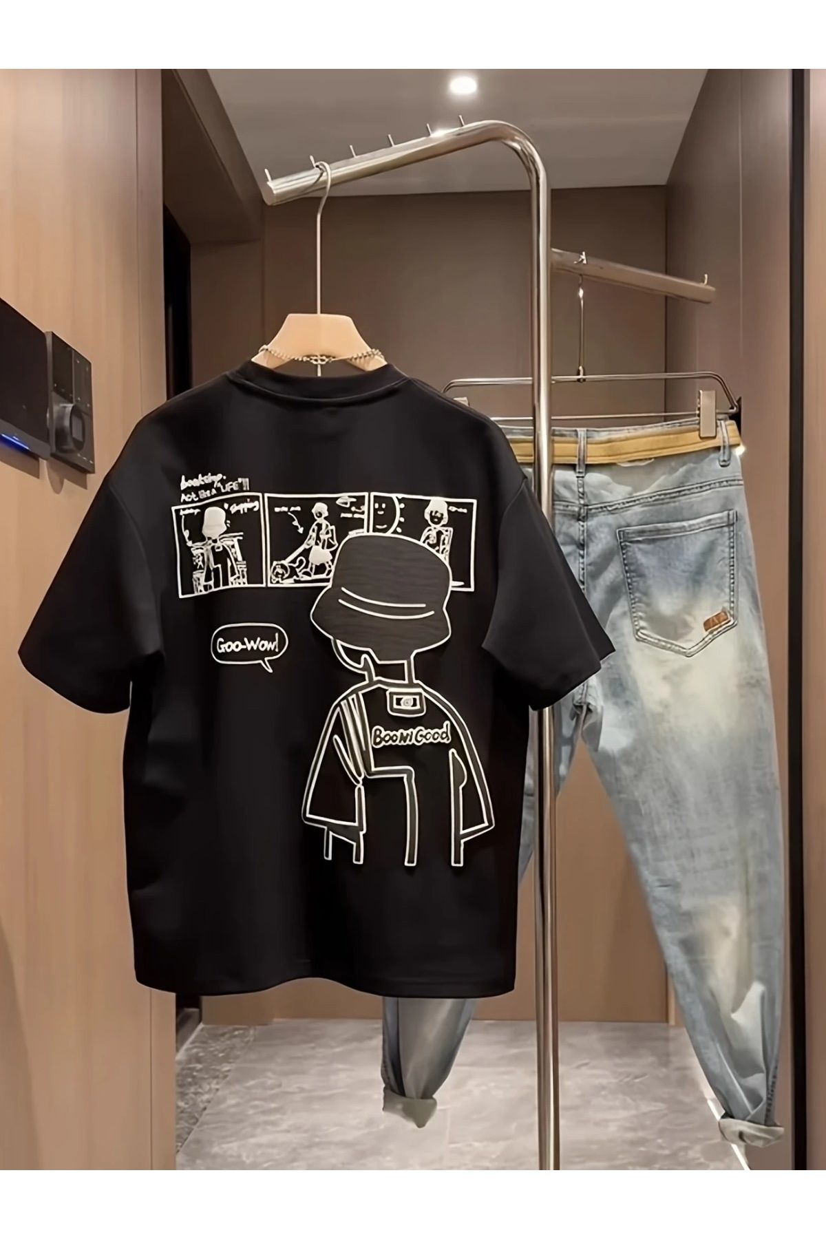 qubo sportswear & company qubo Unisex Oversize Baskılı Pamuklu Bisiklet Yaka Kısa Kollu SİYAH T-shirt