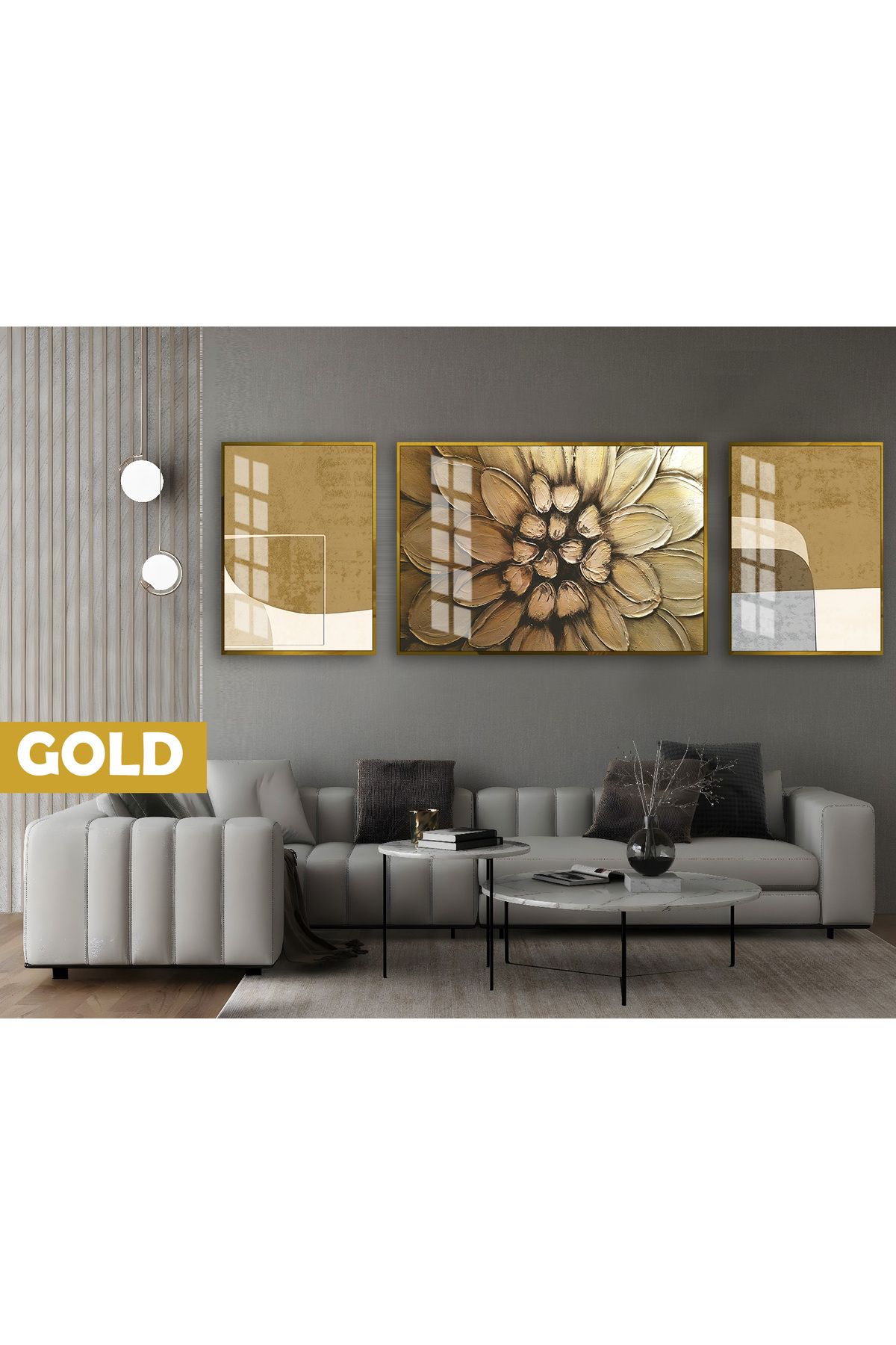 Harikabirev HARİKABİREV|(ABSTRACT) GOLD YILDIZ ÇİÇEĞİ MODELİ (STAR) |ÇERÇEVELİ TEMPERLİ CAM TABLO 3LÜ YATAY