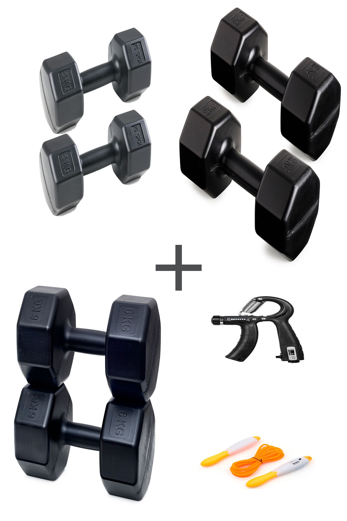 Besinistanbul PS SPOR 3 ÇİFT DAMBIL SET 2 KG + 4 KG +6 KG + AYARLANABİLİR SAYAÇLI EL YAYI VE ATLAMA İPİ