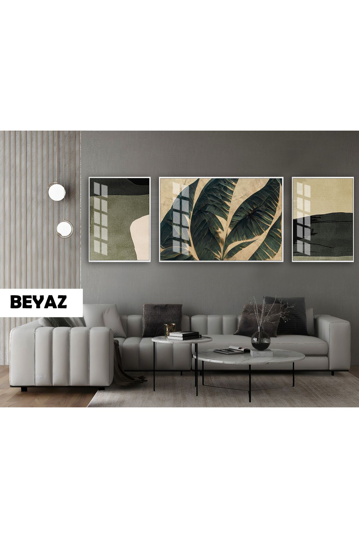 Harikabirev HARİKABİREV|(ABSTRACT) YEŞİL PALM YAPRAK MODELİ|ÇERÇEVELİ TEMPERLİ CAM TABLO 3LÜ YATAY