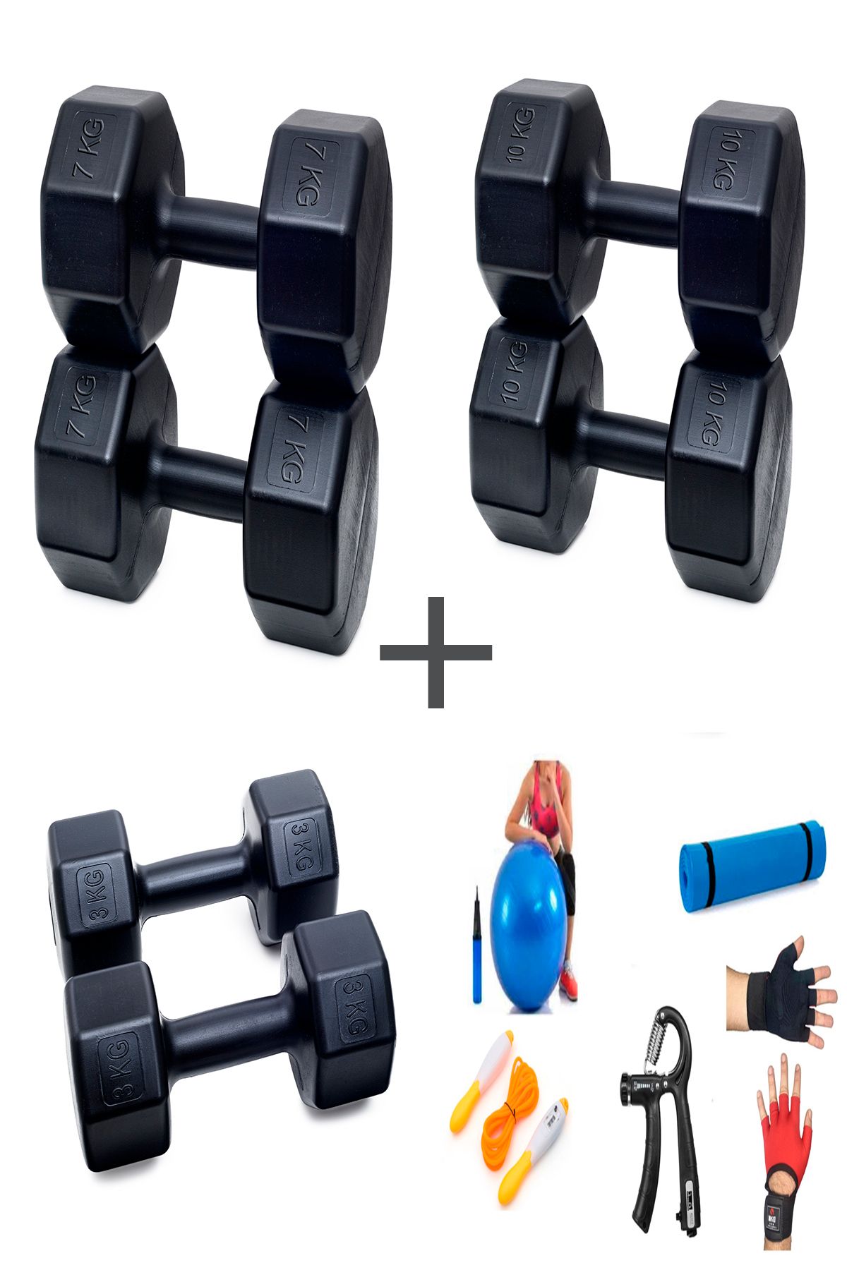 Besinistanbul PS SPOR 3 ÇİFT DAMBIL SET 3 KG + 7 KG + 10 KG + 5 ÇEŞİT EGZERSİZ SETİ