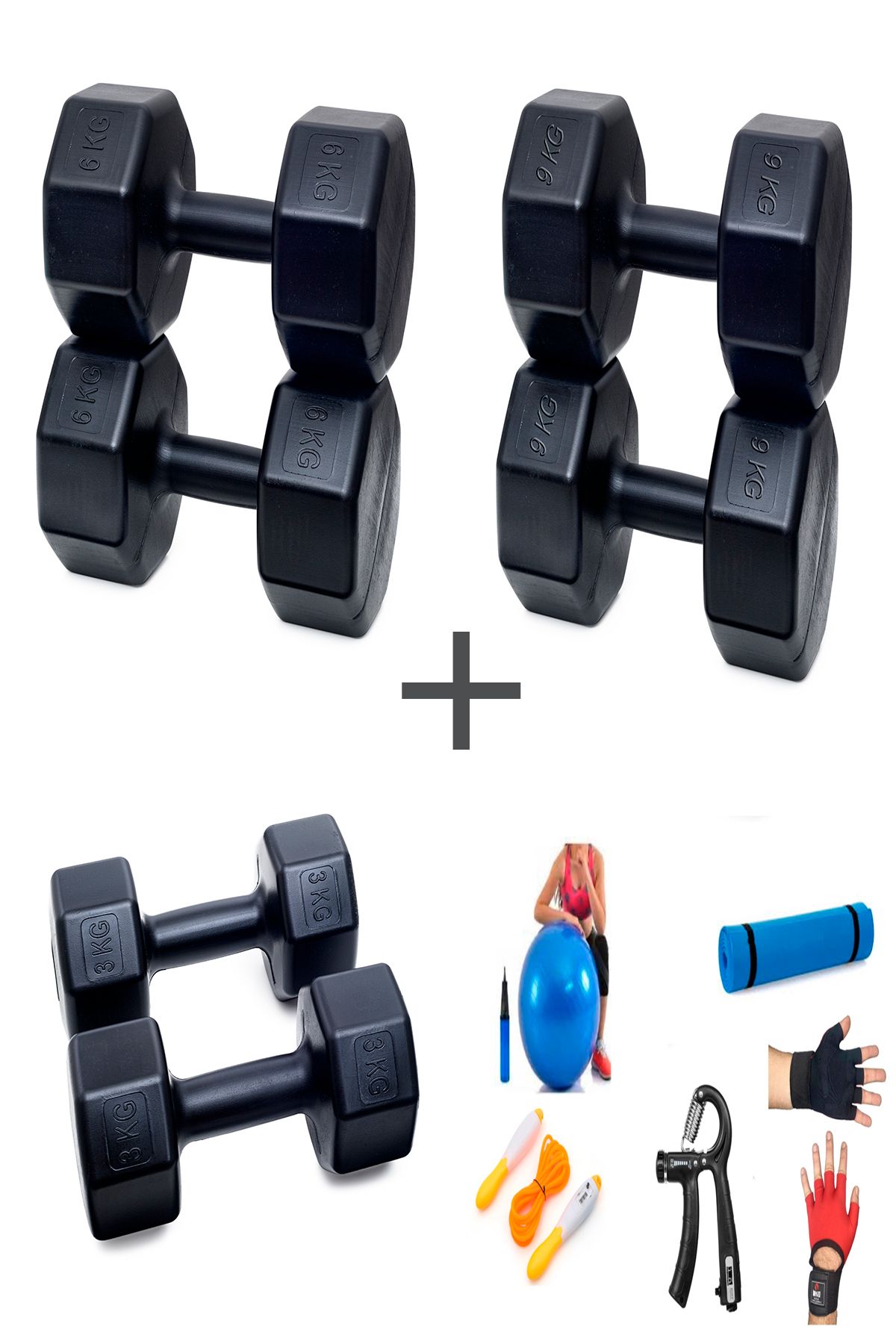 Besinistanbul PS SPOR 3 ÇİFT DAMBIL SET 3 KG + 6 KG + 9 KG + 5 ÇEŞİT EGZERSİZ SETİ