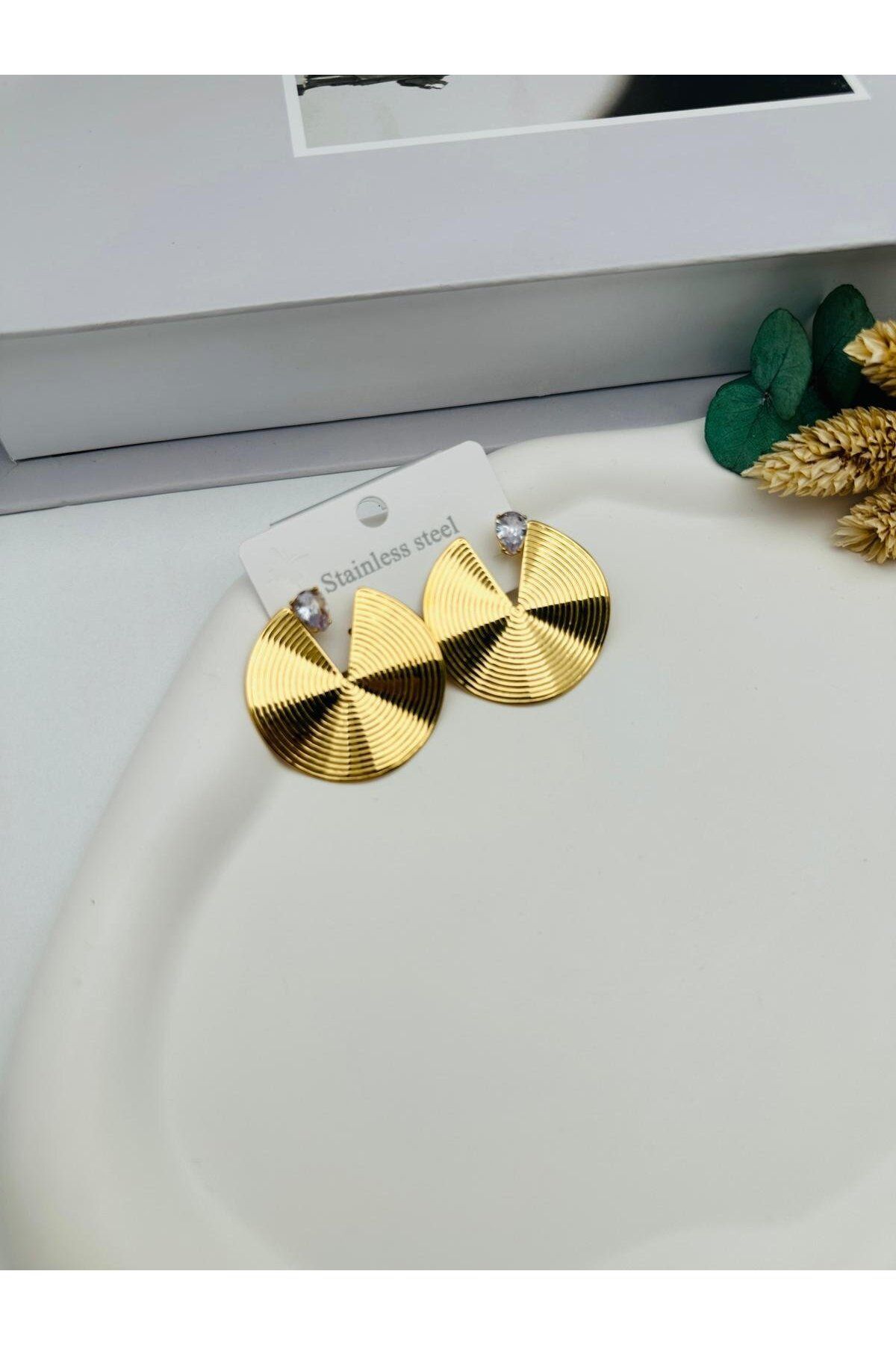 HEDİYELANDY Taşlı Tasarım Çelik Küpe (Gold) Kp518