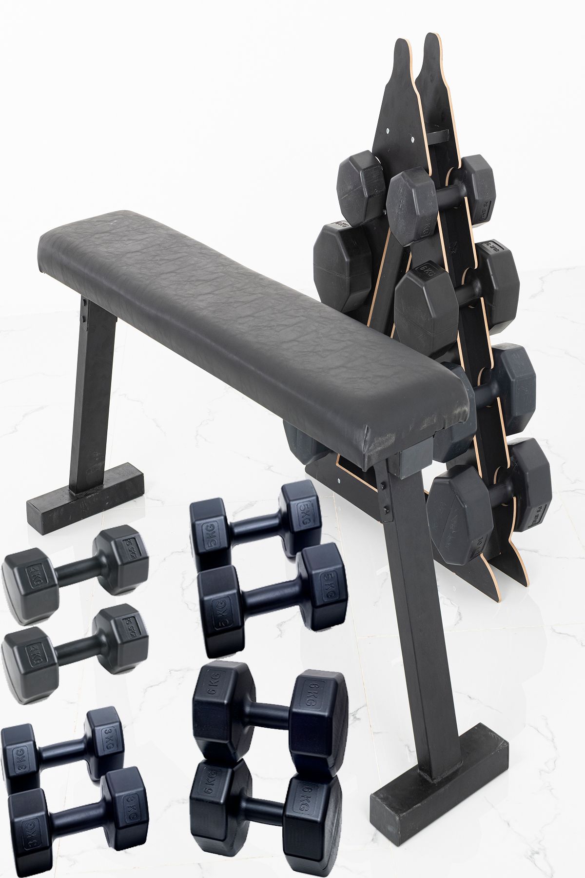 Besinistanbul PS SPOR 4 ÇİFT DAMBIL SET 3 KG+4 KG+5 KG+6 KG + KATLANABİLİR AĞIRLIK(BENCH)SEHPASI VE DAMBIL STANDI