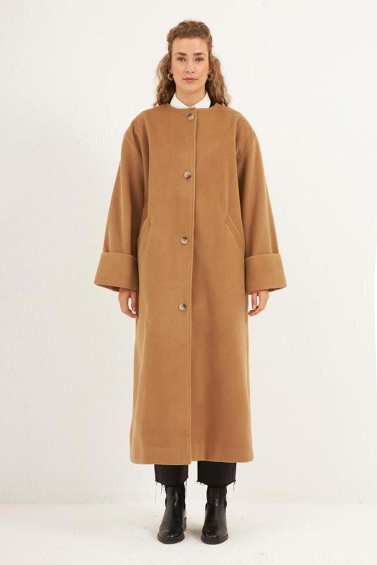 ALYOSHA FASHION Yuvarlak Yaka Kaban Camel