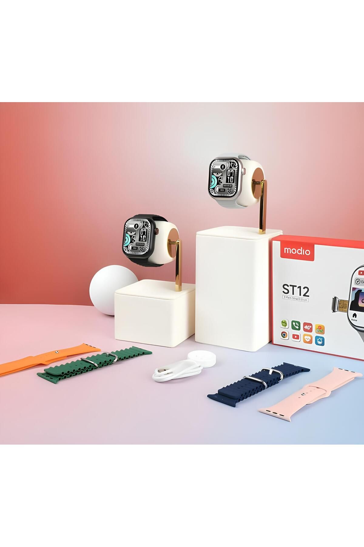 Modio-Smart watch with 3 pairs of straps, SIM card support, pop-up camera, supports all applications, 64GB memory 2