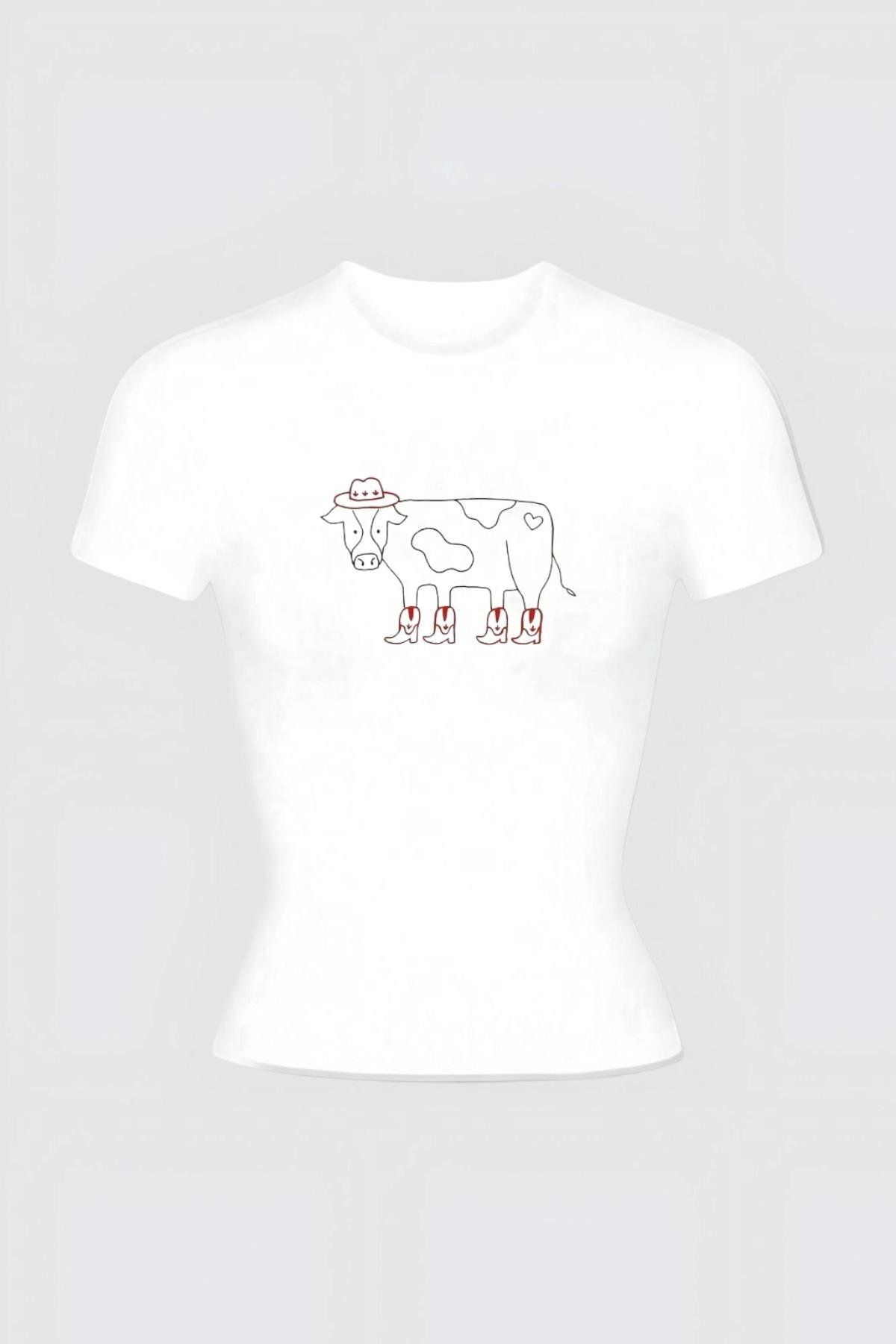 VibeGaia Cowboy Cow Baskılı Kadın Tam Boy Crop Bluz Pamuklu T-Shirt