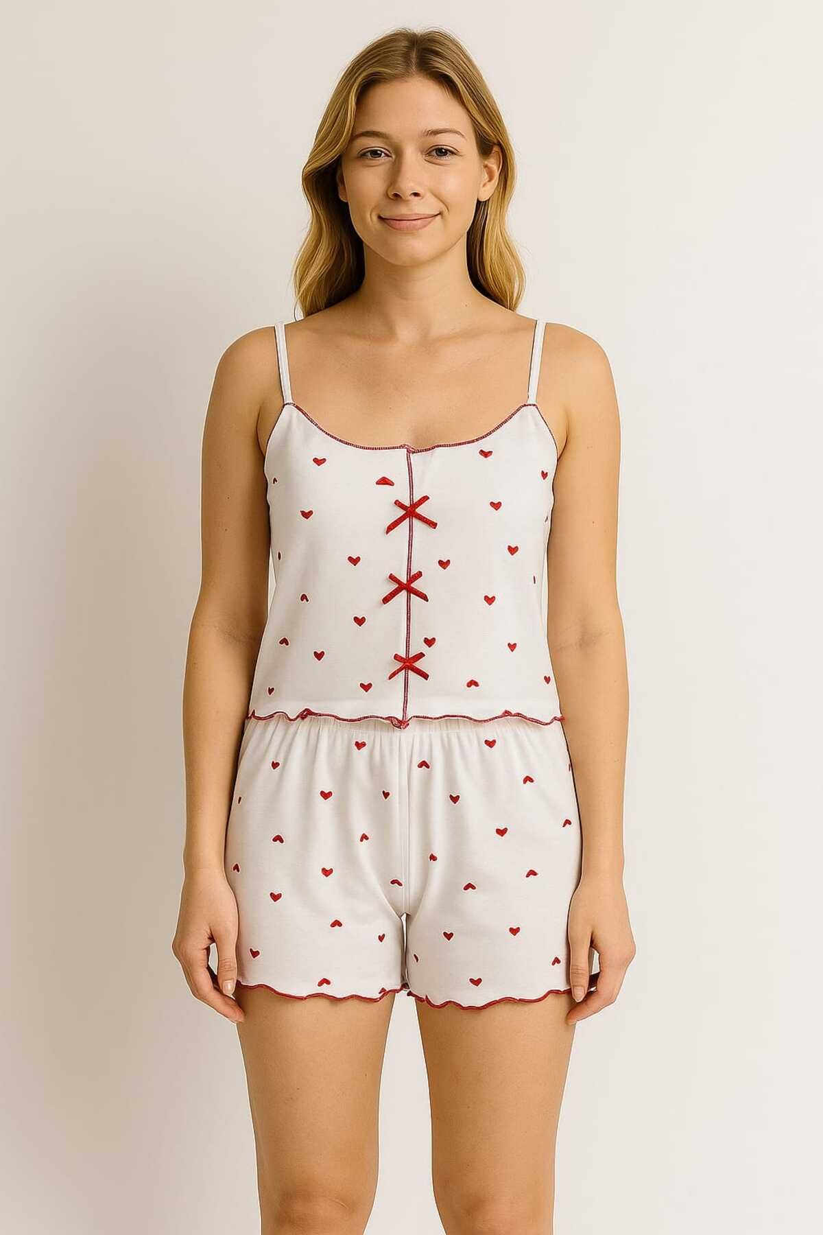 unbranded Kırmızı Kalp Desenli Fırfırlı Askılı Şortlu Pijama Takımı