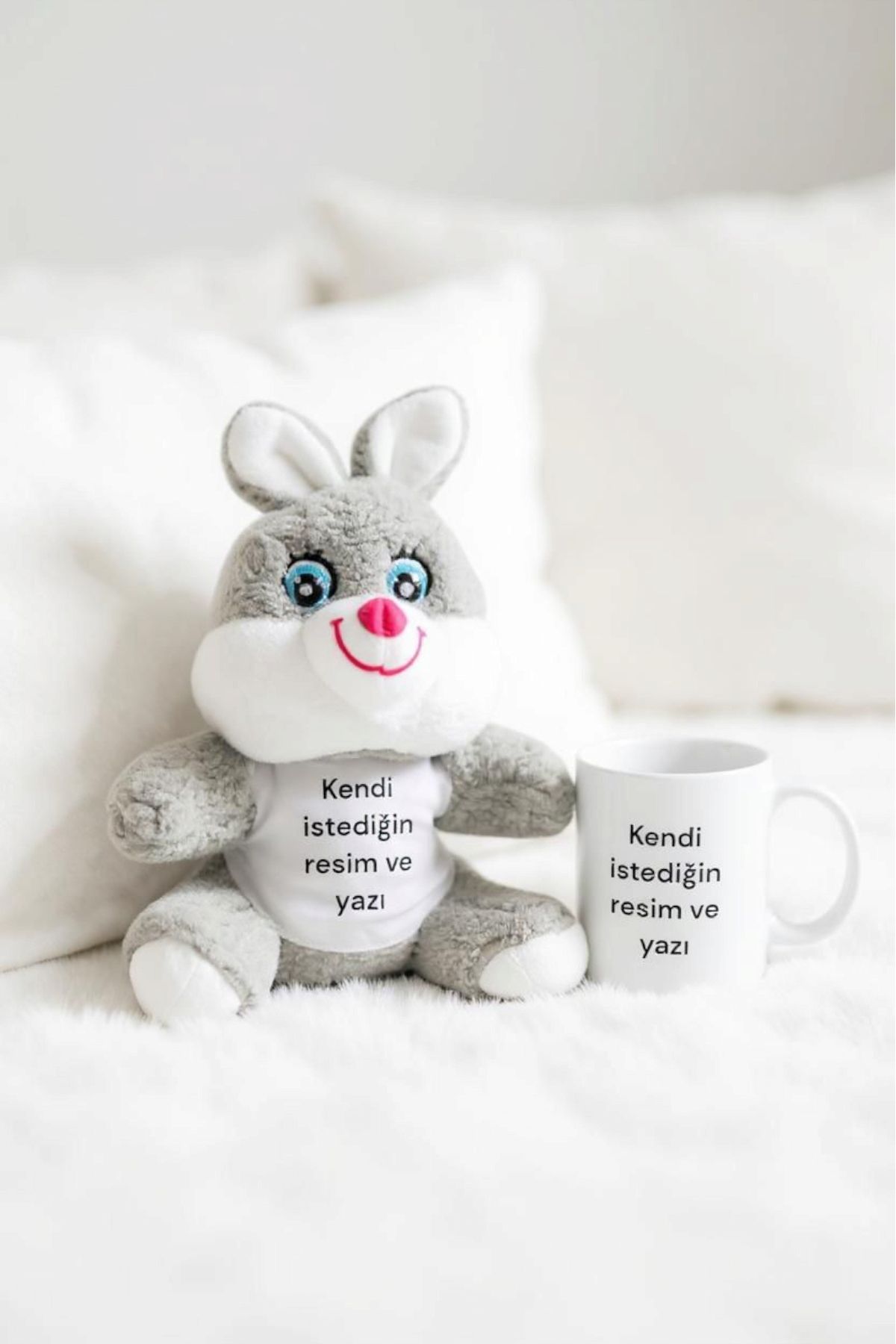 Gzl55 Kişiye özel kupa ve kişiye özel 21 cm peluş tavşan