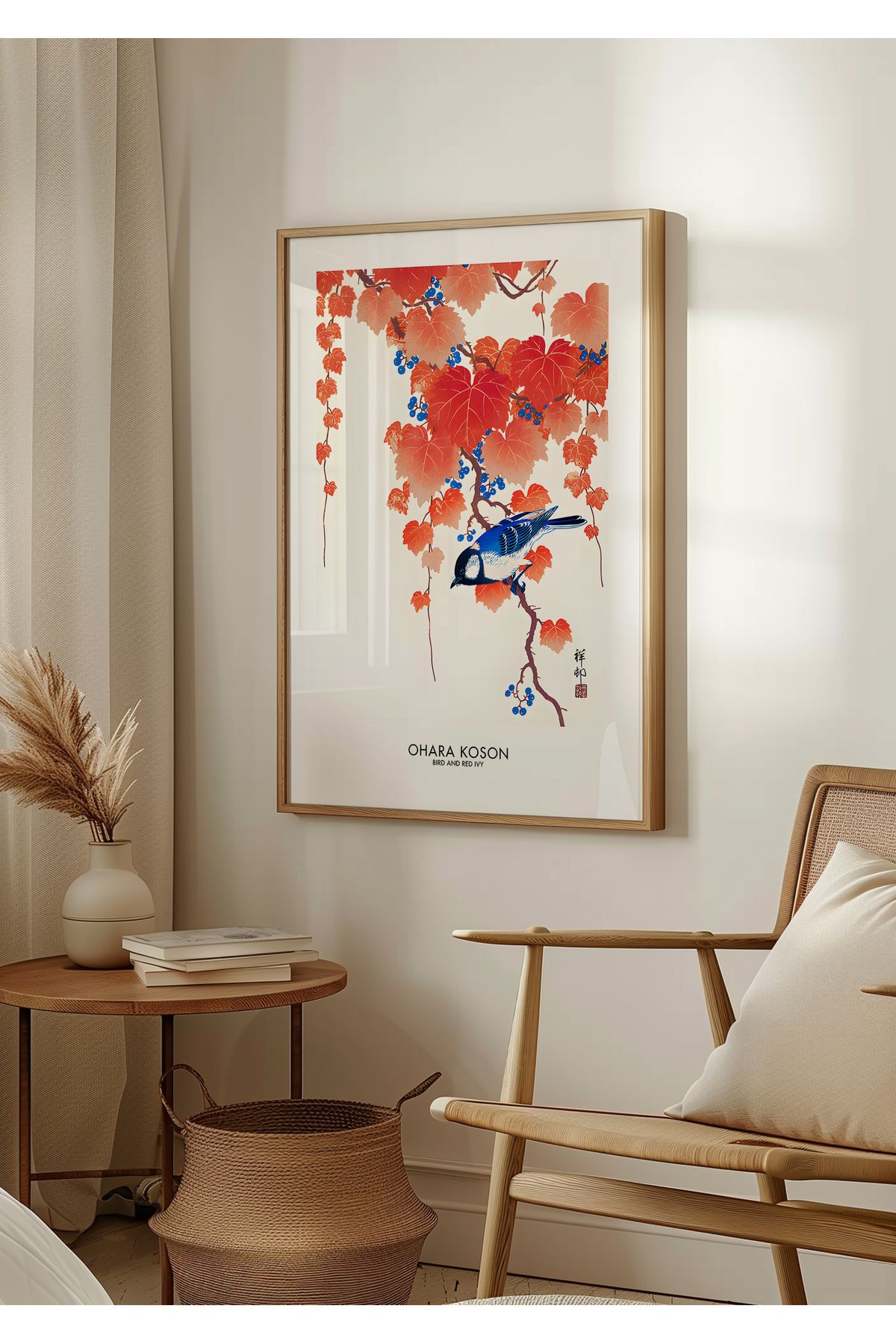 Home Ohara Koson Bird And Red Ivy, Oturma Odası Dekoru, Salon Dekoru Çerçevesiz Poster