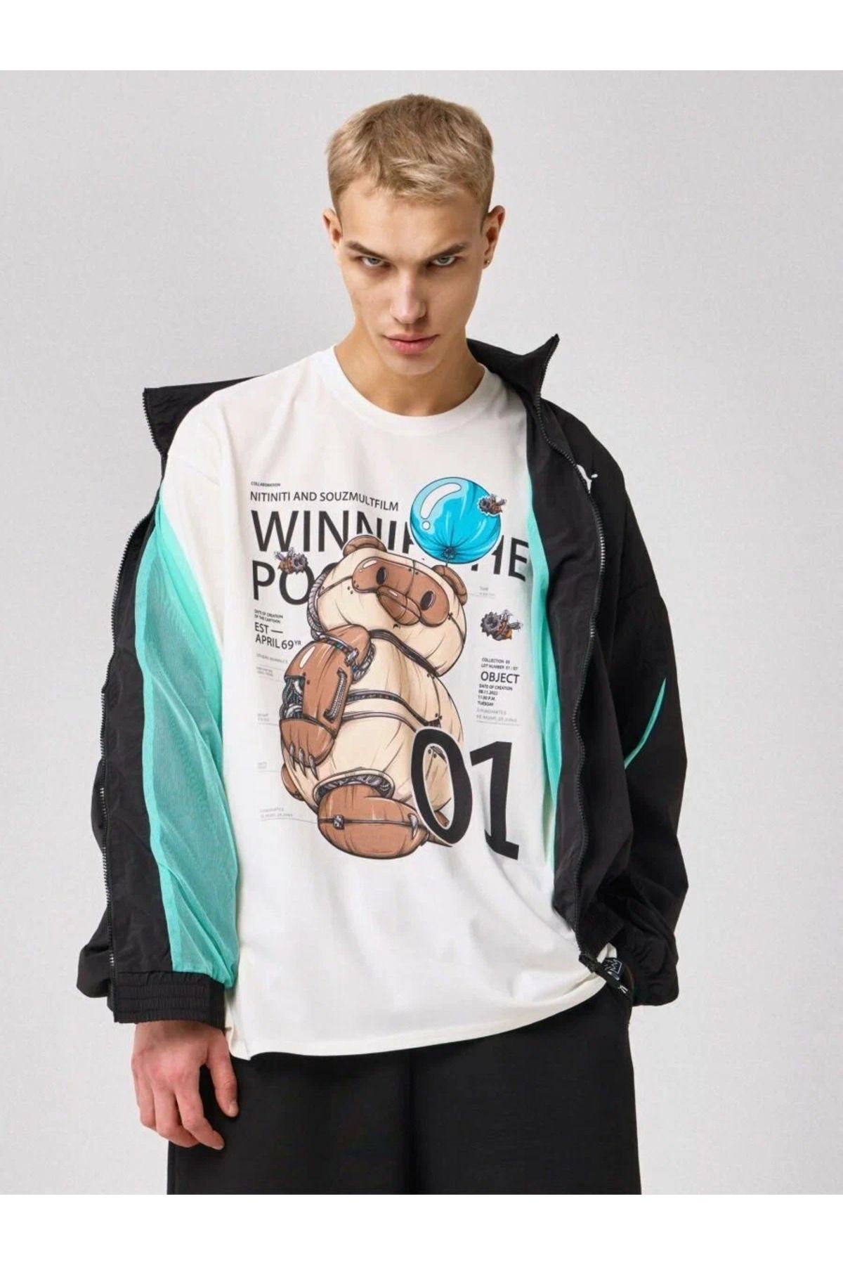 ELNOYA Unisex Pamuklu Beyaz Oversize "Po 01" Baskılı Bisiklet Yaka Rahat T-shirt