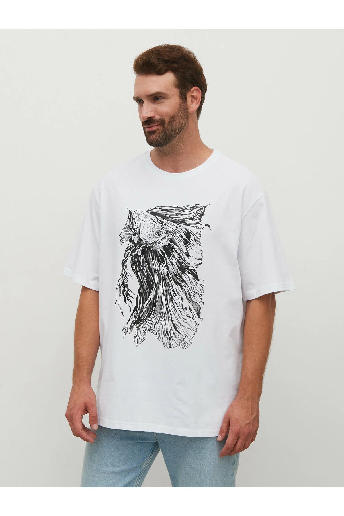 ELNOYA Unisex Pamuklu Beyaz Oversize "Balık" Baskılı Bisiklet Yaka Rahat T-shirt