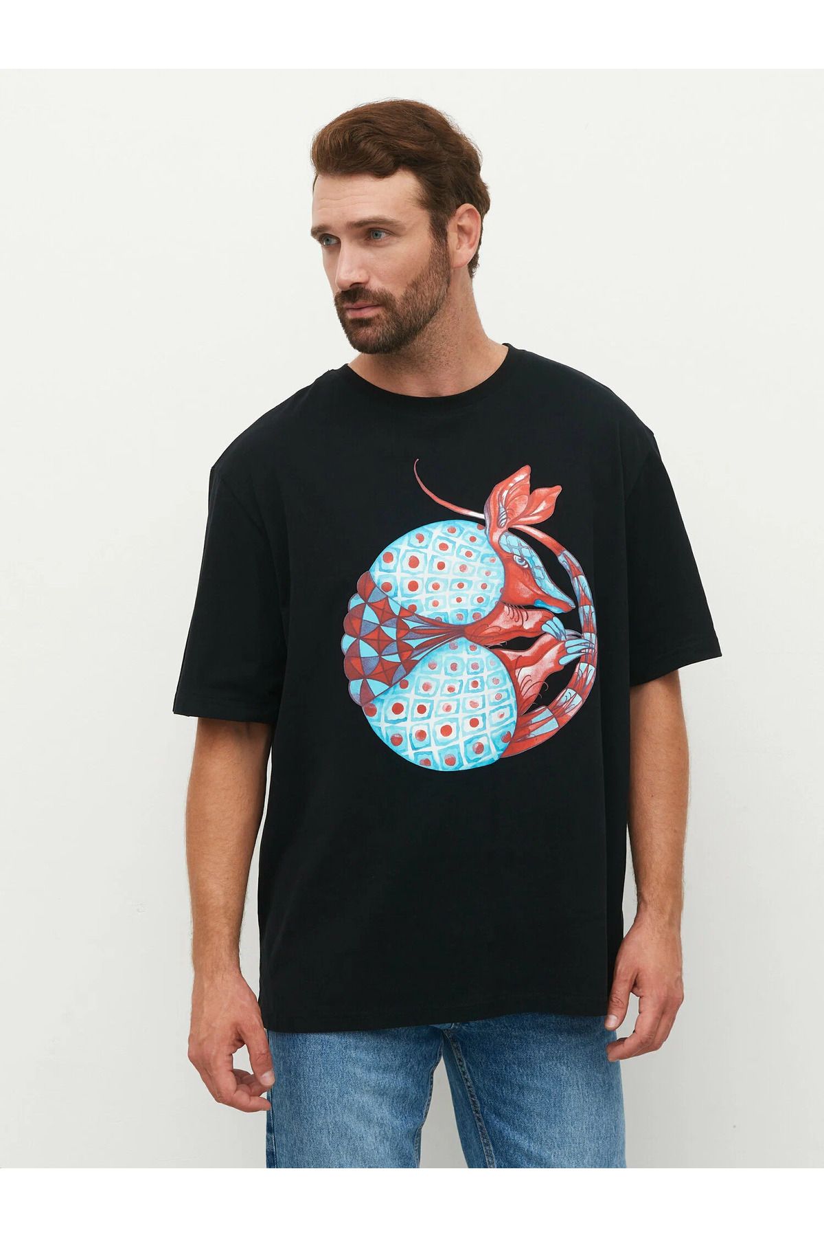 ELNOYA Unisex Pamuklu Siyah Oversize Baskılı Minimalist Bisiklet Yaka Rahat T-shirt