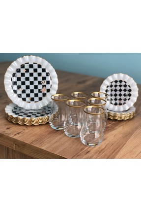 B&M Dama Desenli Kıvrımlı 18 Parça Çay Keyfi Seti