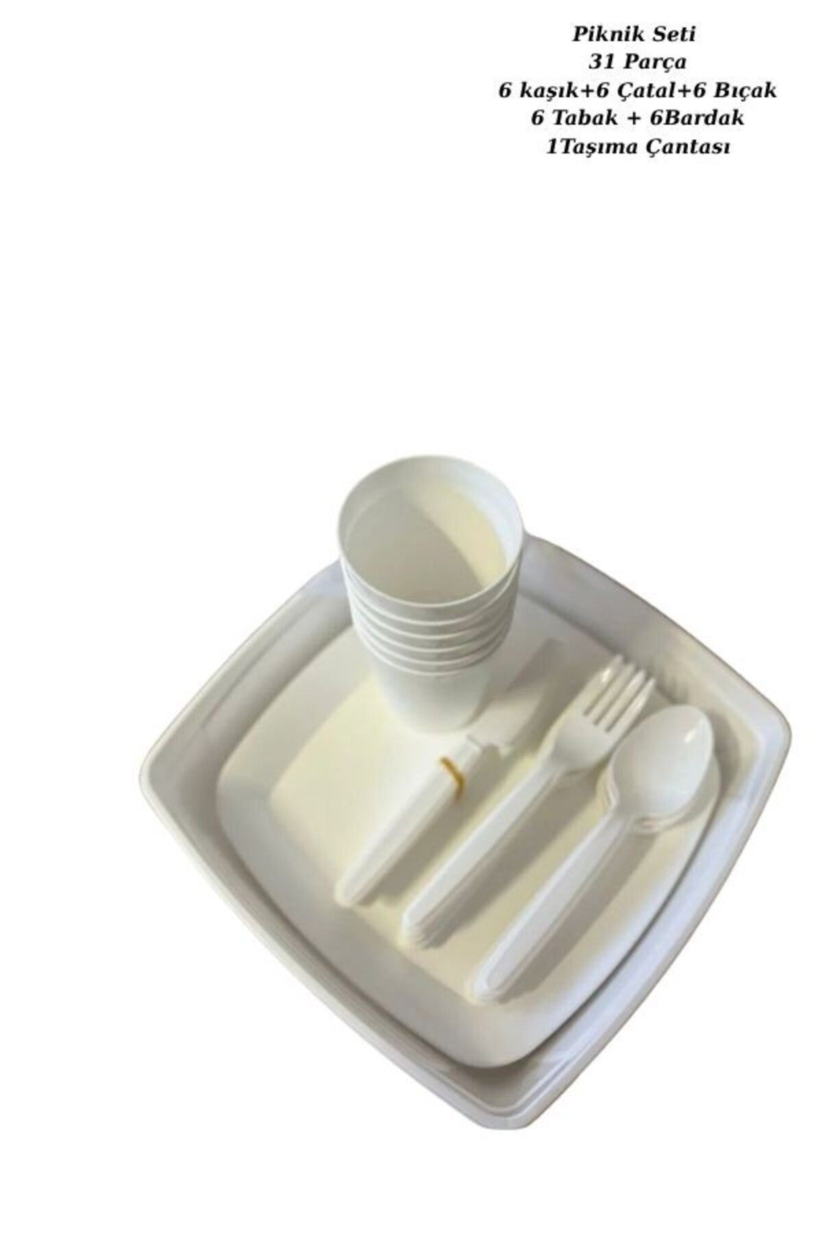 DENS Piknik Seti 31 Parça Beyaz (6 Bardak, 6 çatal ,6 Bıçak, 6 Tabak, 6 Kaşık, 1 Taşıma Çantası)