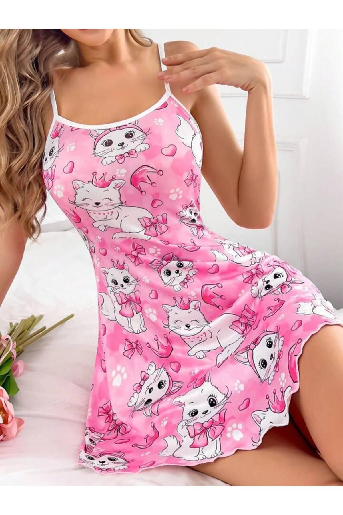 Motto10 butik Motto10butik Pembe Kedi Desenli Fantezi Gecelik