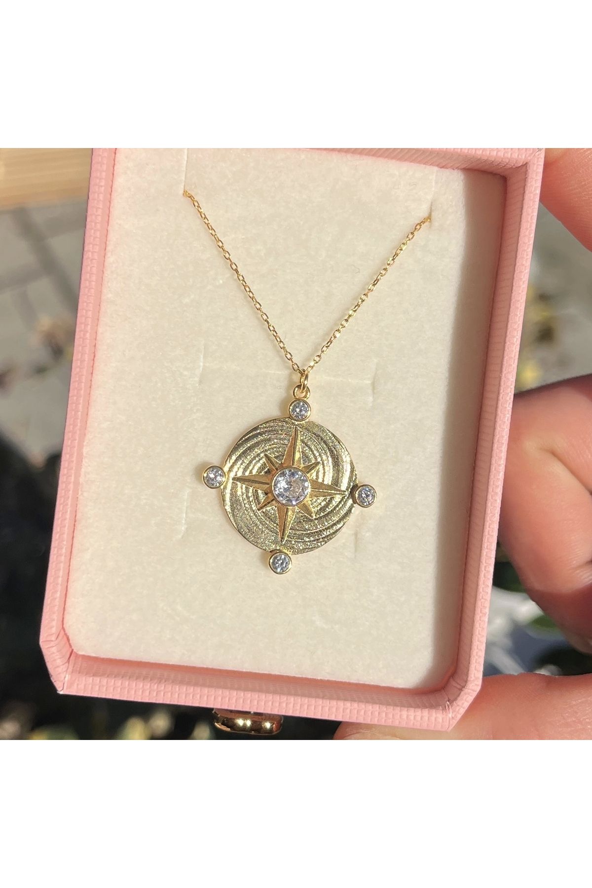 Vintagezegeni Beyaz Taşlı Pusula Kolye I 925 Gümüş