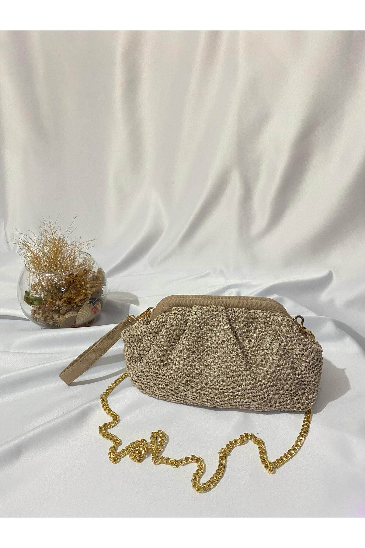 Liel Bags Zincir Askılı Büyük Bej Örgü El ve Omuz Çantası