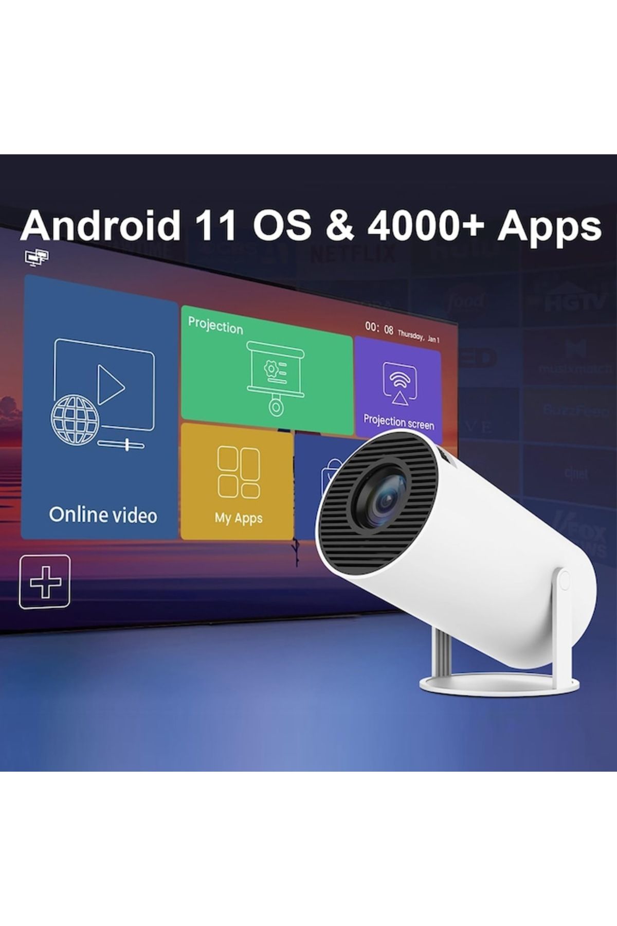 Generic-Mini proiector portabil, Suport 1080P, WiFi 6 BT 5.0, 180 de grade, Android 11.0 4