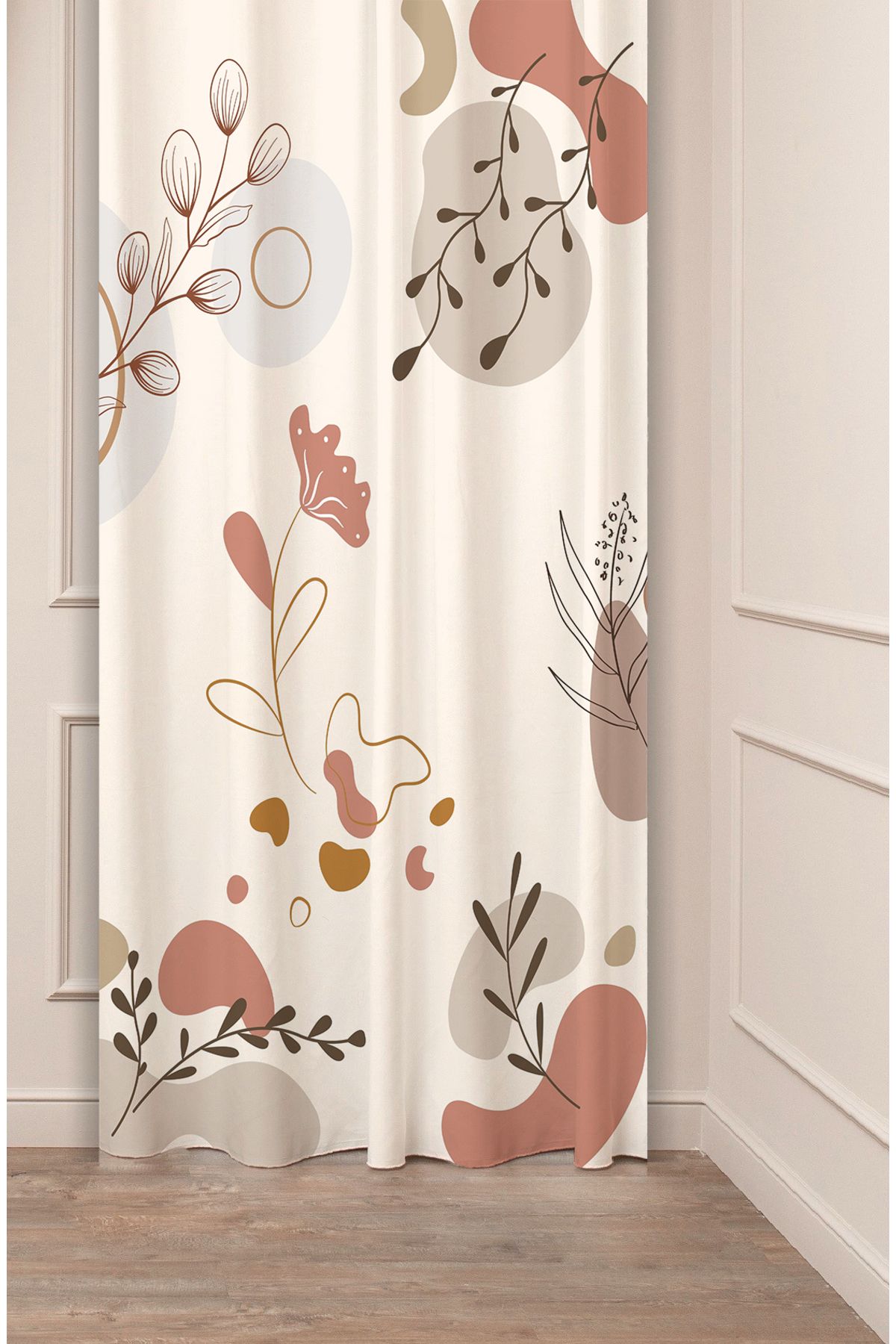 GREENDECOR Çiçekli Bohem Minimalist Yaprak Vazo Bej Desenli Özel Tasarım Dijital Baskılı (Tek Kanat) Fon Perde