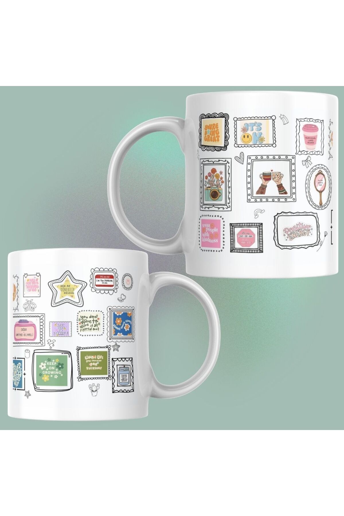 Mug Station Pozitif Eğlenceli Porselen Kupa Bardak – Motivasyon Sözlü, Renkli Çerçeveli Hediye Kupalar