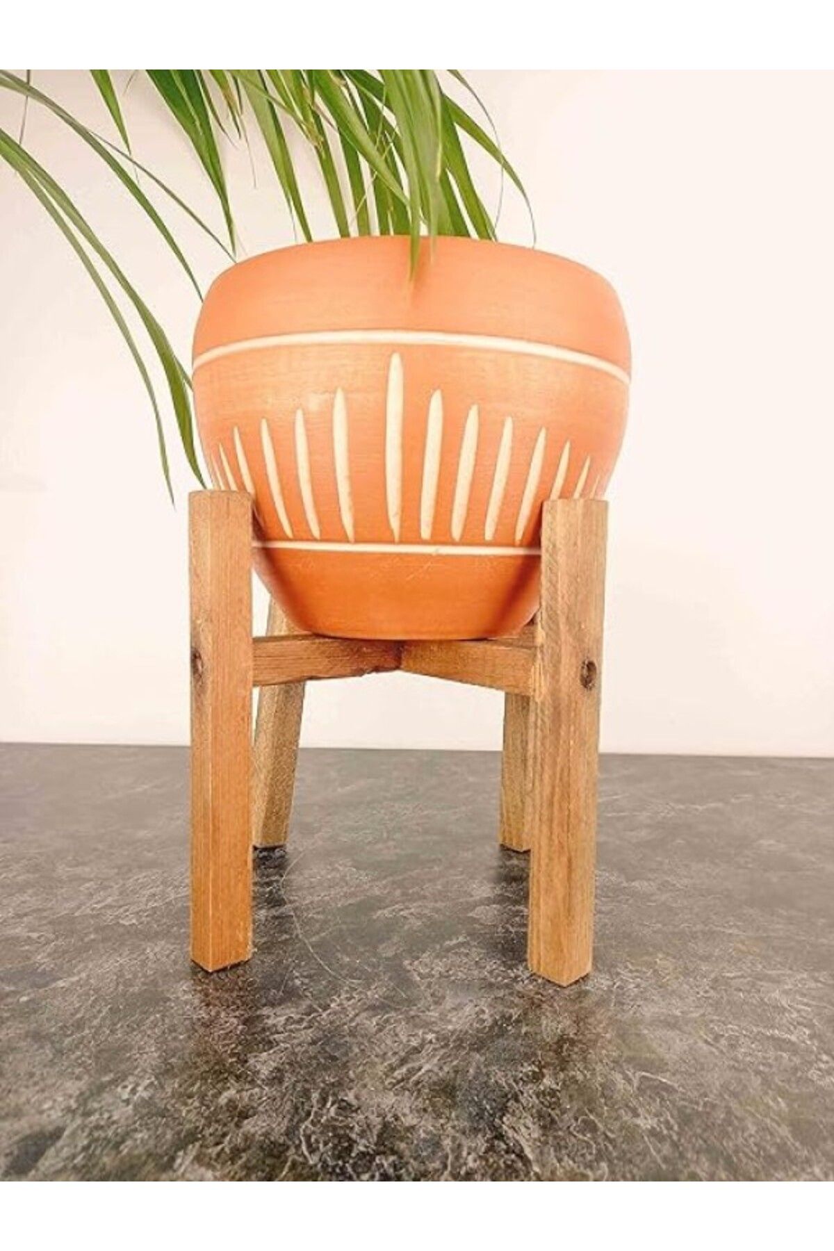 ShopZum Bitki Tasarımı Doğal Beyaz Dik Çizgi Terrakota Toprak Saksı 4 Ayaklı 15 Cm