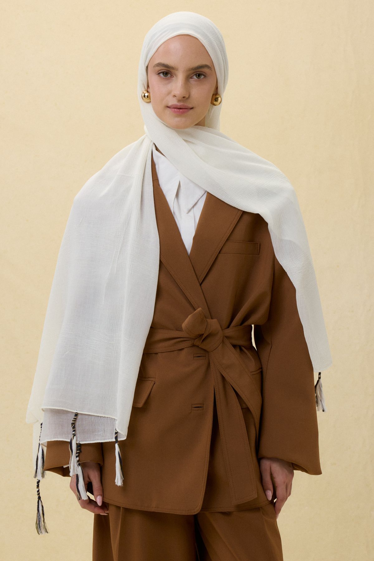 FENZA SCARF Püsküllü %50 Pamuk Brice Şal - Beyaz
