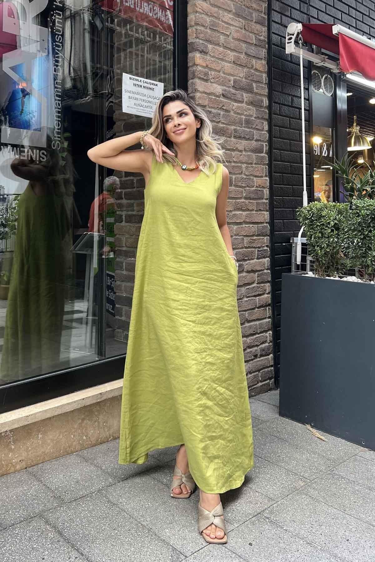 Eswomes Lastik Askılı Elbise Fıstık Yeşili