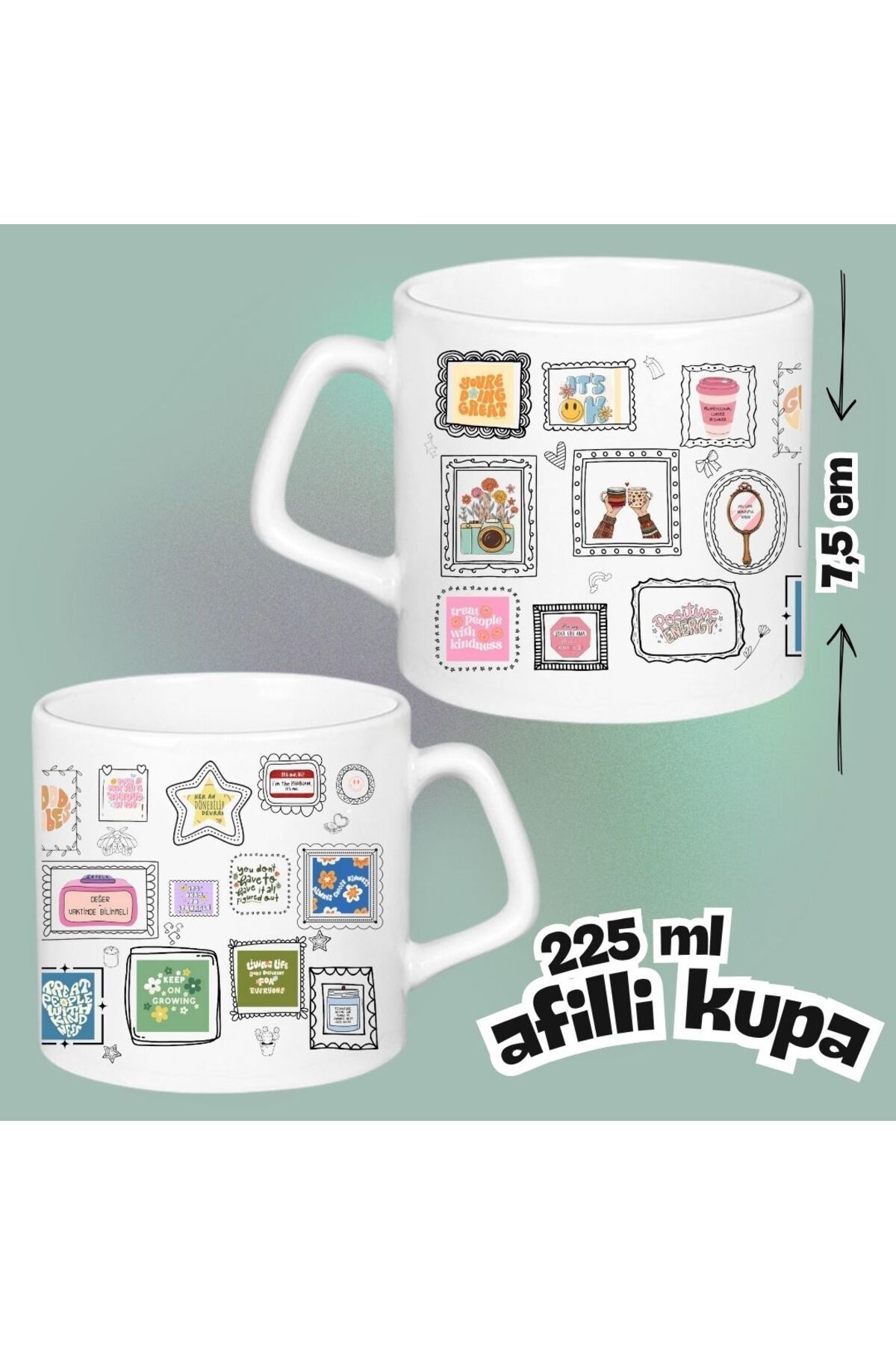 Mug Station Pozitif Eğlenceli Porselen Kupa Bardak – Motivasyon Sözlü, Renkli Çerçeveli Hediye Kupalar