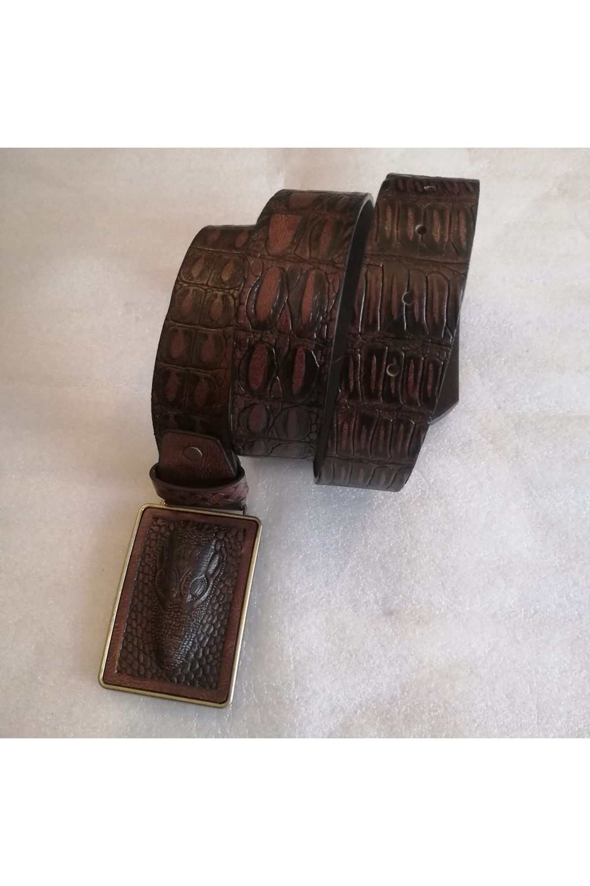Butik Tülin Unisex suni deri kahve kroko baskılı bronz timsah baş kovboy tokalı kemer Tayland Malı