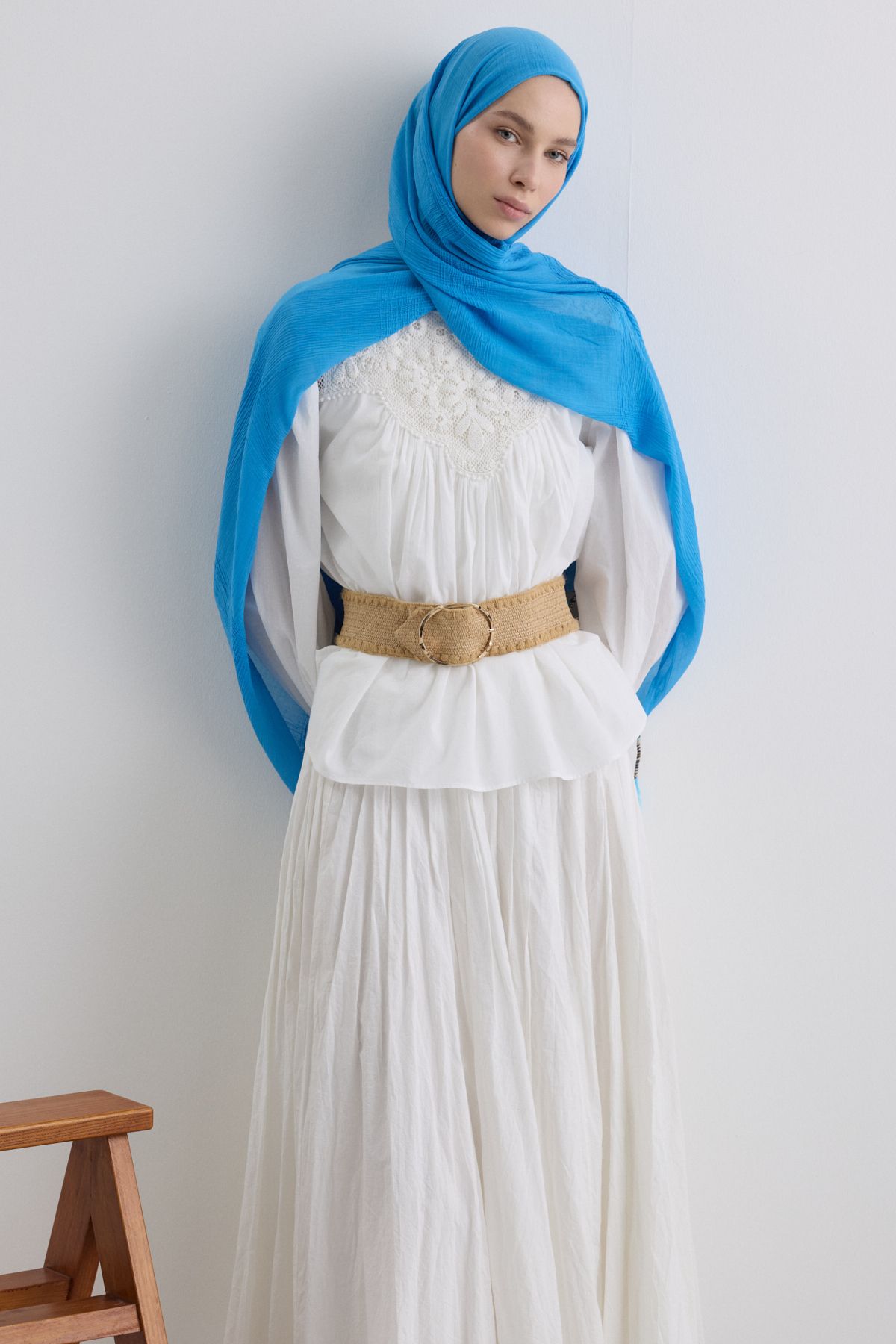 FENZA SCARF Püsküllü %50 Pamuk Brice Şal - Gök Mavi
