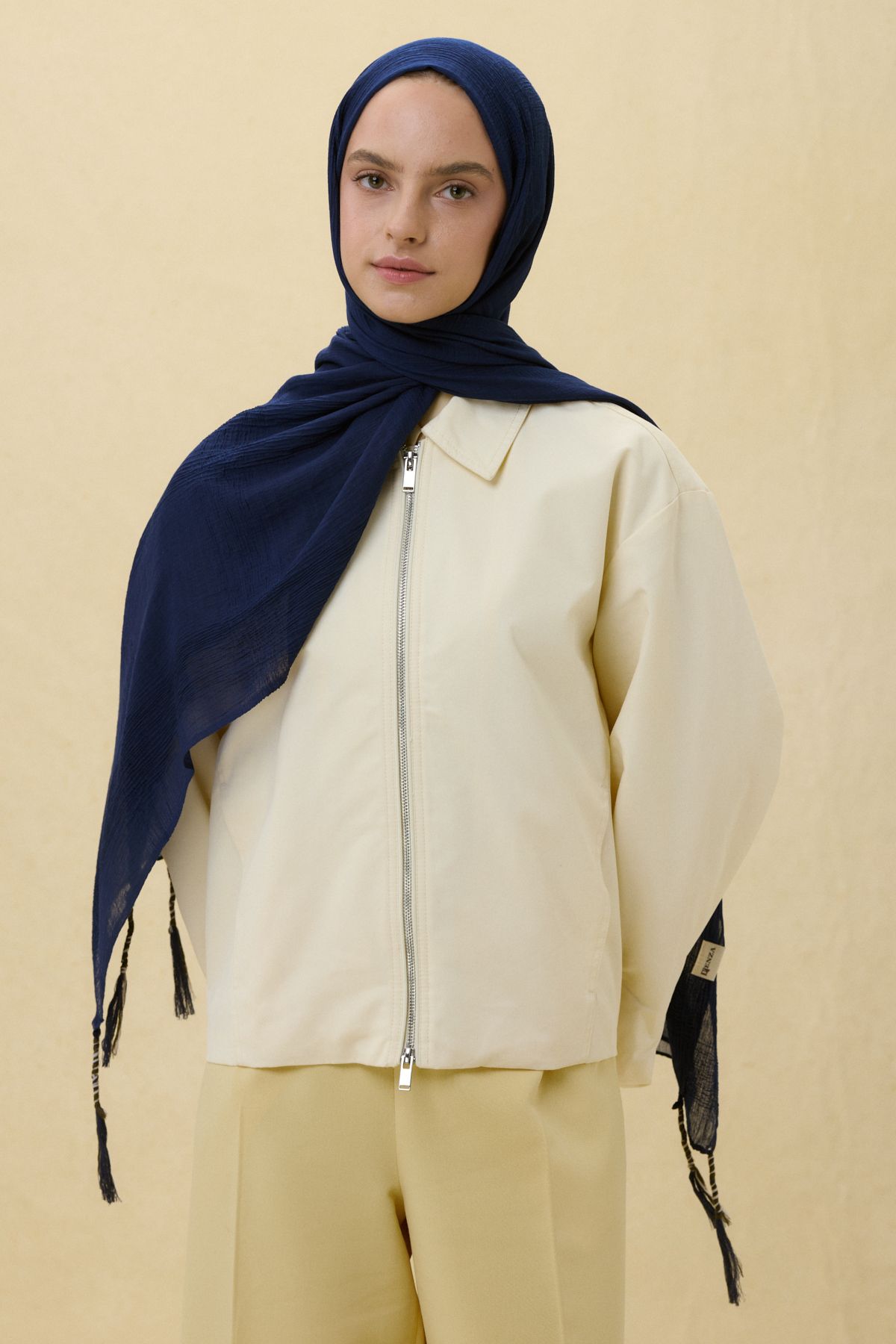 FENZA SCARF Püsküllü %50 Pamuk Brice Şal - Lacivert