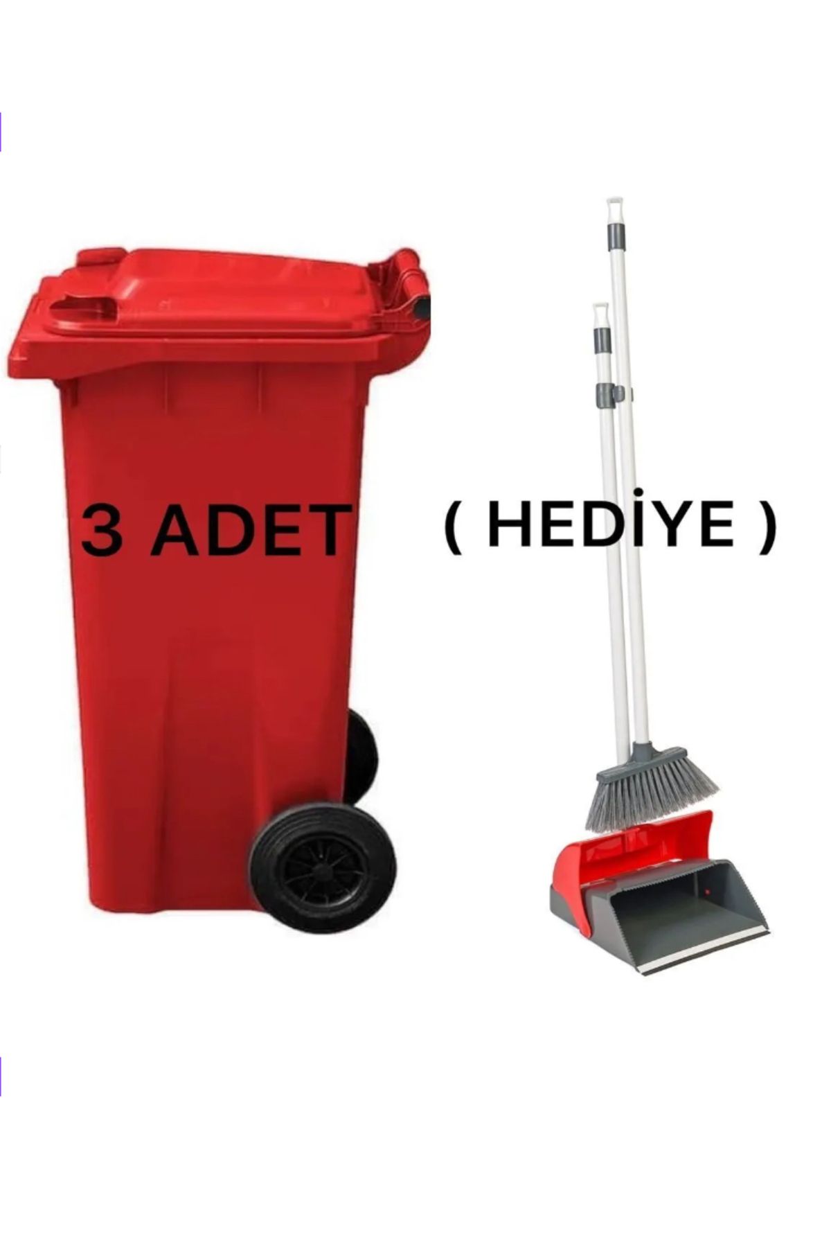 ELCY 3 Adet Kırmızı Plastik Çöp Konteyneri 120 LT Isıya Karşı Dayanıklı ve Faraş Hediyeli