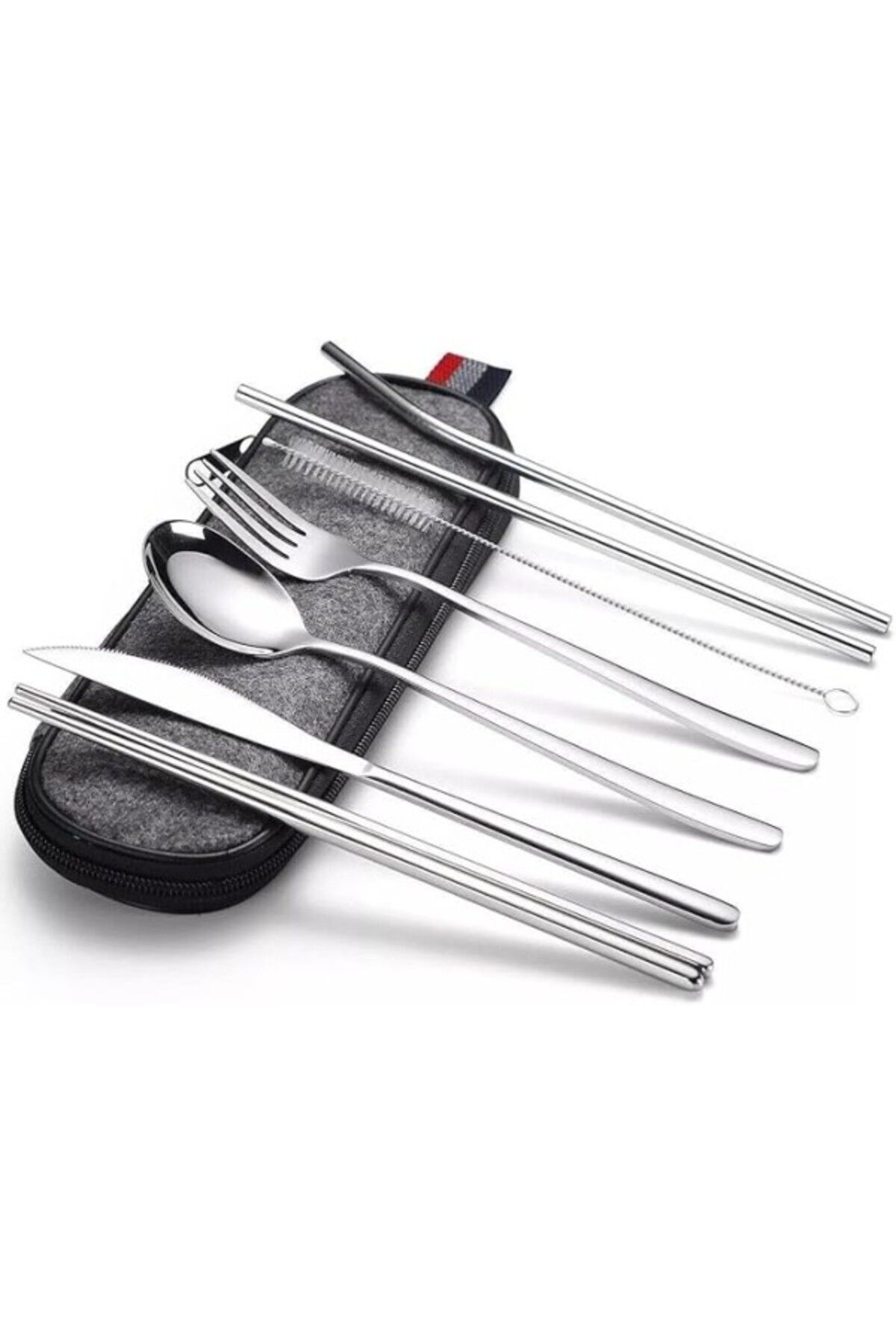 ShopZum Valkyrie 8 Parça Çantalı Yolculuk Çatal Kaşık Pipet Chopstick Seti Kamp Okul Ofis Tatil
