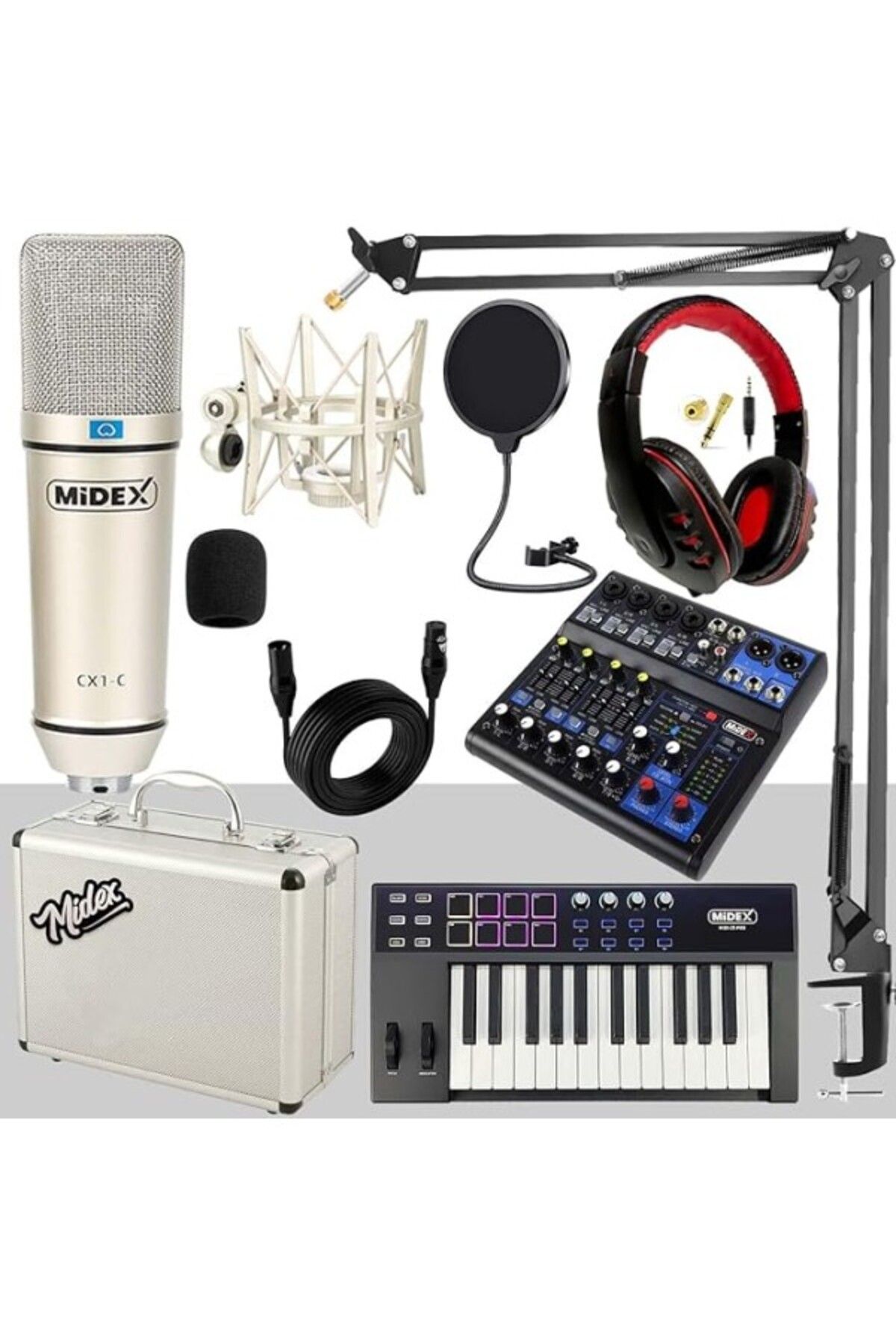 ShopZum Stüdyo Ekipmanları Midi Live Paket-3 Ses Kartlı Mikser Midi Klavye Cx1 Mikrofon Kulaklık