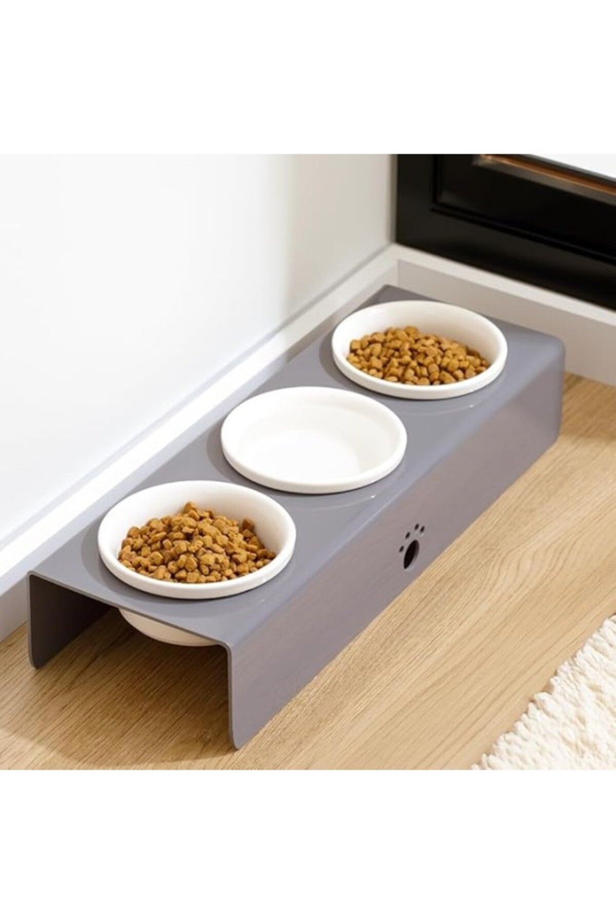 ShopZum Herniks Pati Desenli Şeffaf Pleksi Ve Seramik Üçlü Mama Kabı 44x15 Cm (GRİ)