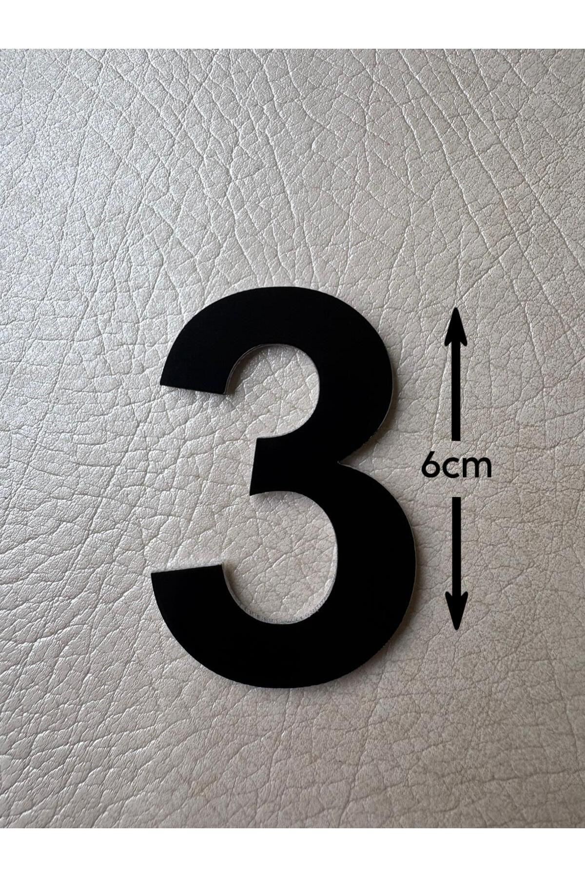 SE-Dizayn Kapı Numarası 6 CM No. 3 Daire Masa Dolap Numarası Siyah Kendinden Yapışkanlı