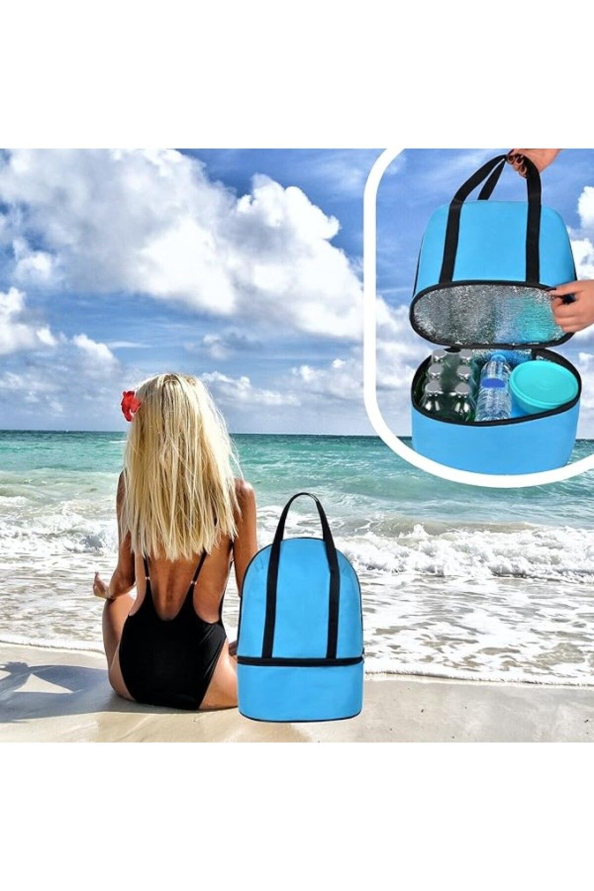 ShopZum Termos Çanta Plaj Çanta Piknik Çanta Isı Yalıtımlı Sıcak Soğuk Tutucu Outdoor 2 Bölmeli 26 Litre