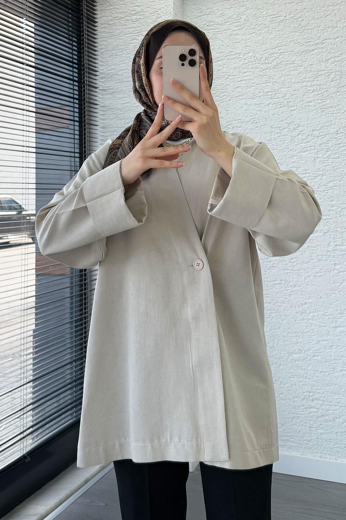 MELEK ARAZ Düğme Detaylı Keten Kimono – Taş