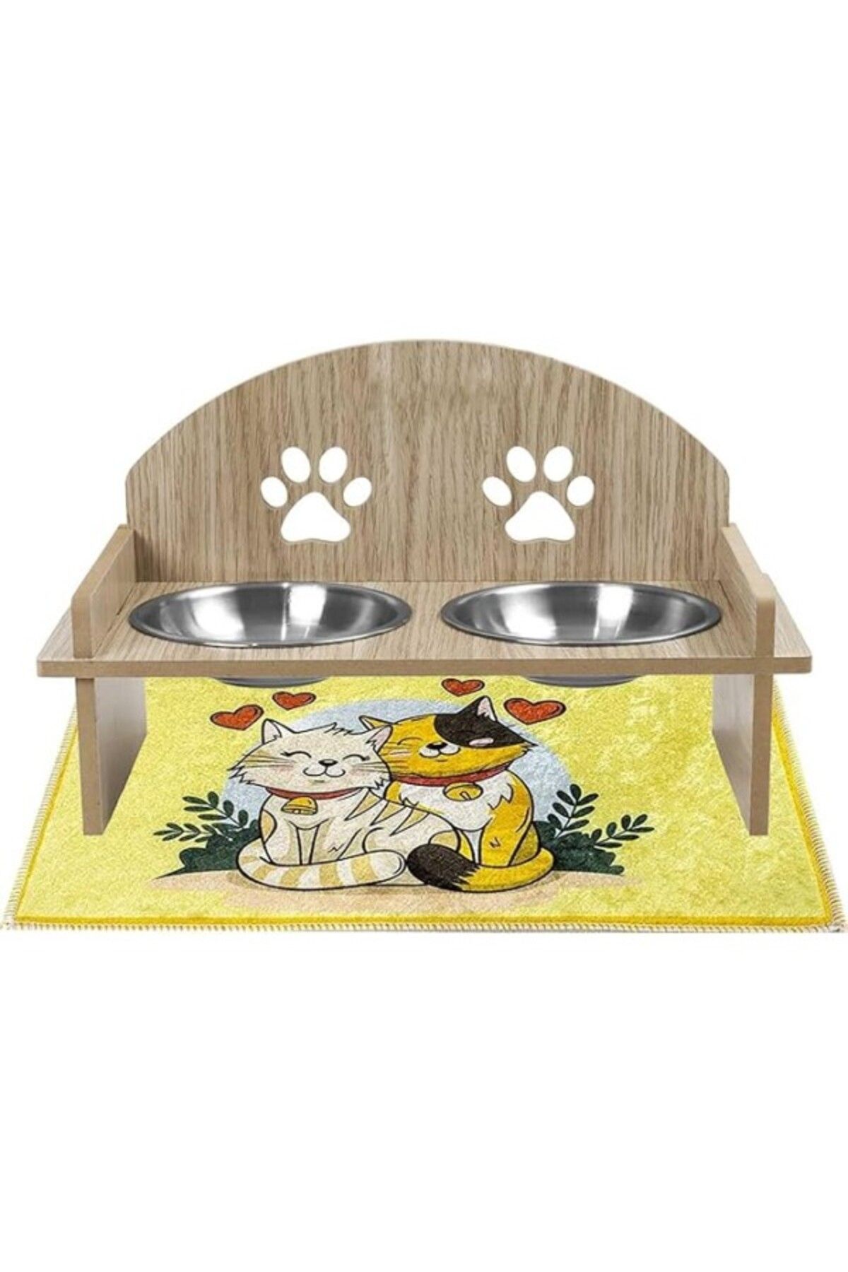 ShopZum Gobypet Ahşap Ve Metal Çift Hazneli Kedi Mama Ve Su Kabı Ile Paspas - Köpek Için De Uygun (OVAL)