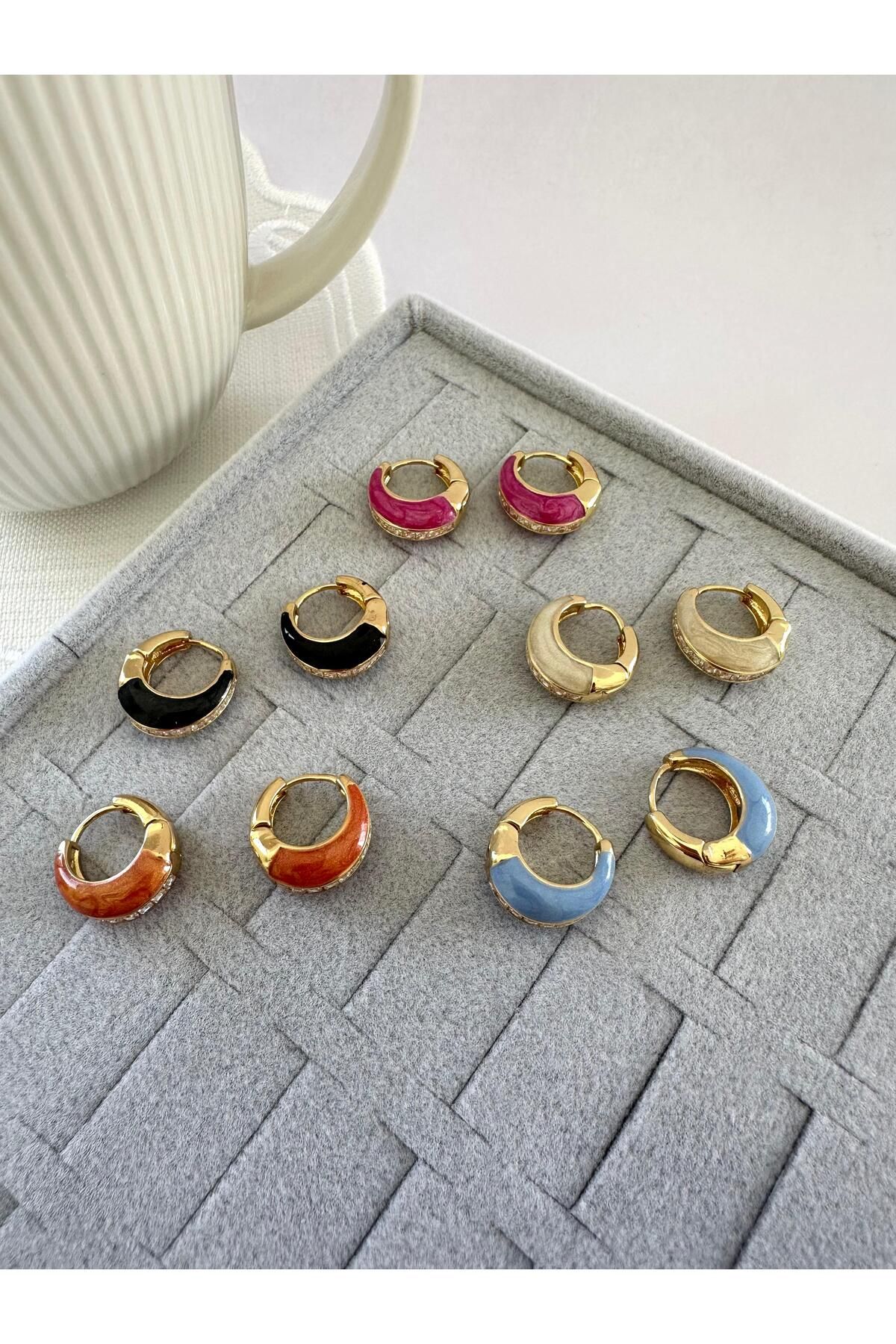 NORD COLLECTION Sedefli Model Taş Detaylı Halka Çelik Küpe