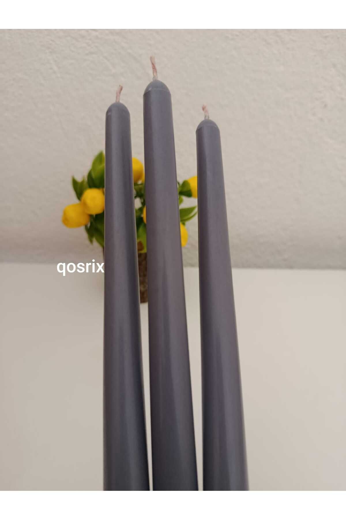 qosrix 3'lü Gri Şamdan Soya Mumu 1. Kalite Doğal Vanilya Kokulu Uzun Çubuk Konik Mum Dekoratif