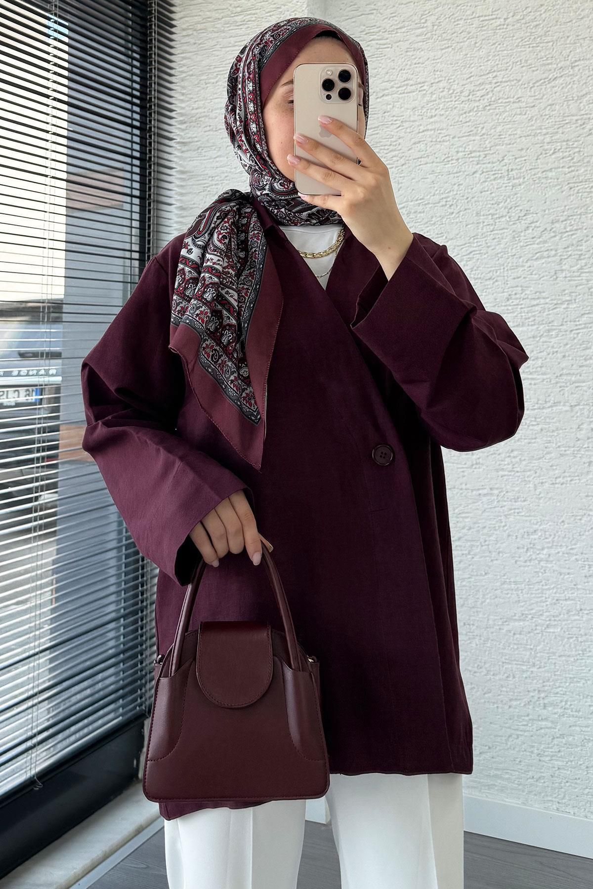 MELEK ARAZ Düğme Detaylı Keten Kimono – Mürdüm